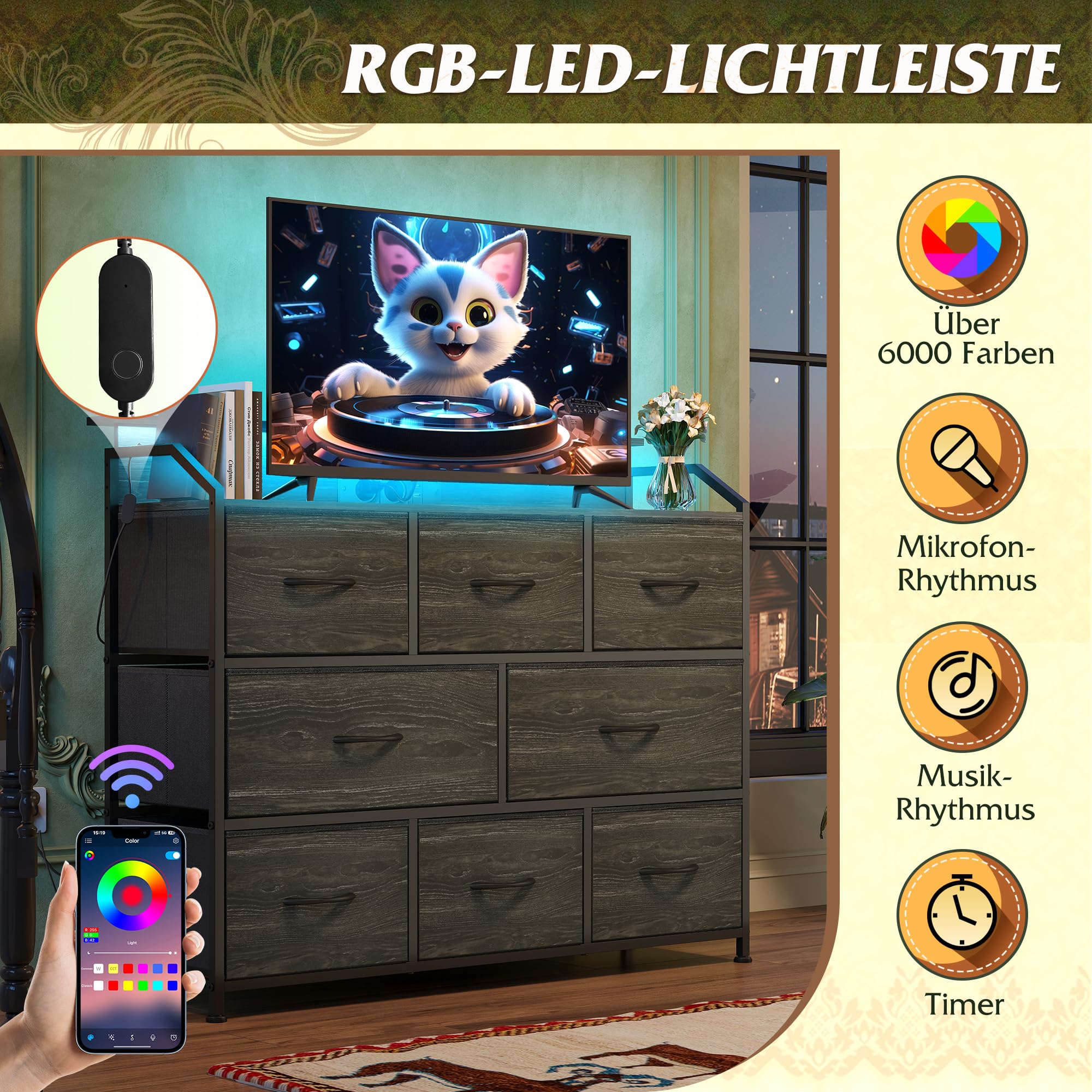 WLIVE Kommode mit Schubladen, komode Schlafzimmer mit 8 Stoffschubladen | Kommoden & Sideboards mit LED und Ladestation, Holzplatte und Stabiles Stahlgestell für Wohnzimmer, Anthrazit Holzdekor