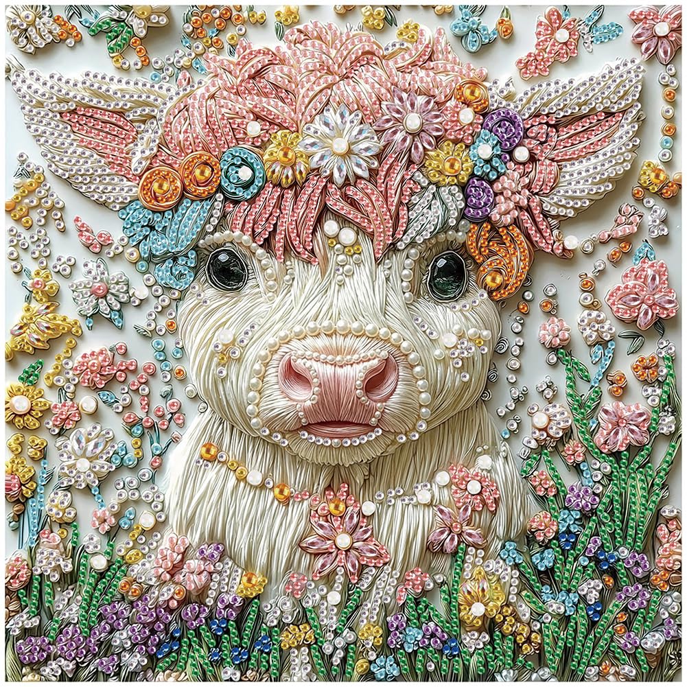 DIADAY Highland Cow Diamond Art Painting Kits for Adults, 5D Cow Special Shape Partial Drill Crystal Diamond Art Kits Animal, Adult DIY Crafts Home Wall Decor Gift 30x30cm