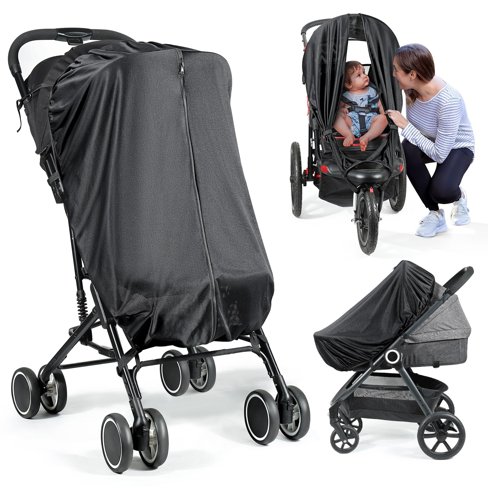 Orzbow Pram Sun Shade, Universal Sun Shade for Pram Breathable Stroller Sun Shade with Two-Way Zip, Strong Sun Shading