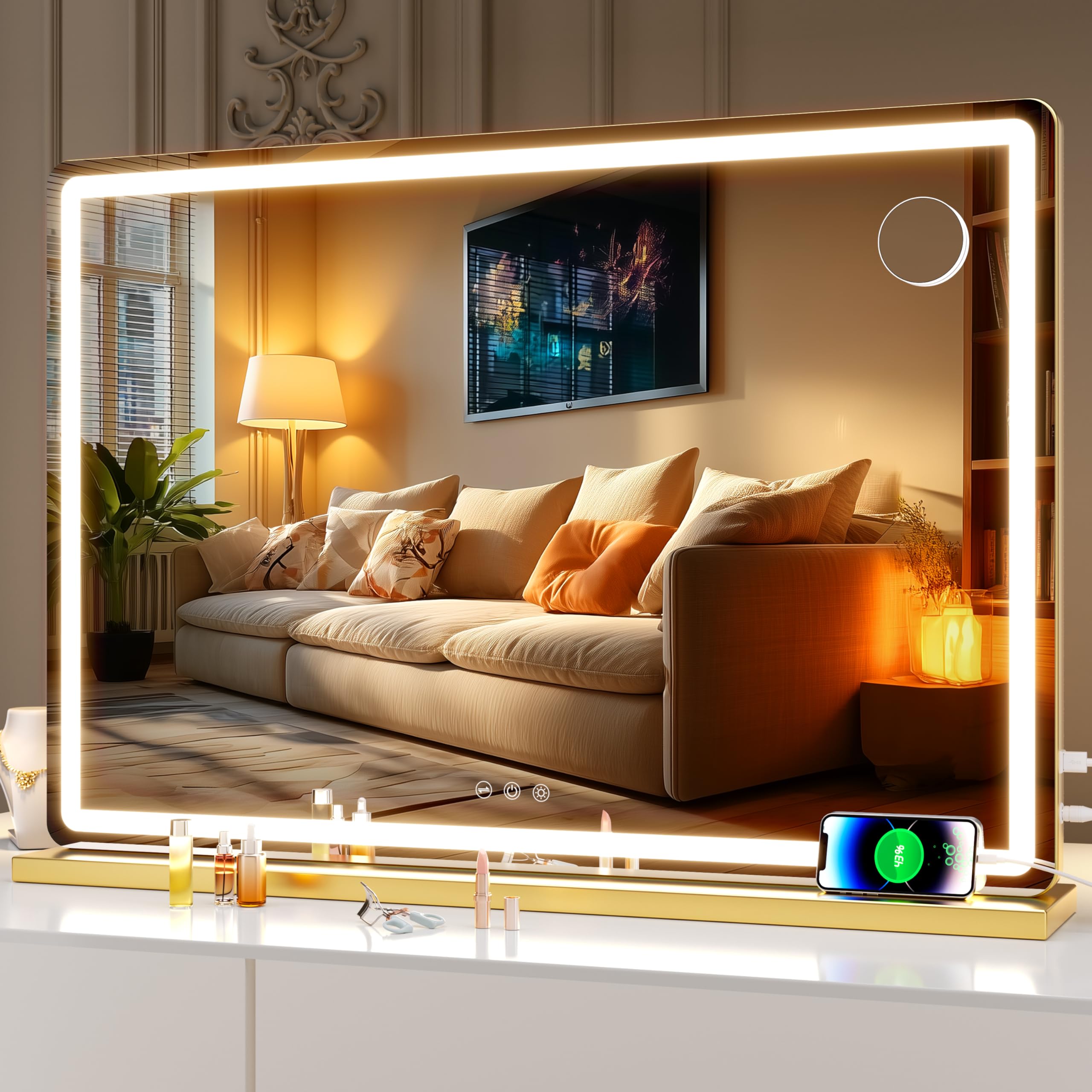 Hasipu Vanity Mirror with Lights, 31.5" x 20" LED Makeup Mirror, Lighted Makeup Mirror with Dimmable 3 Modes, Touch Screen Control Vanity Mirror Round Gold