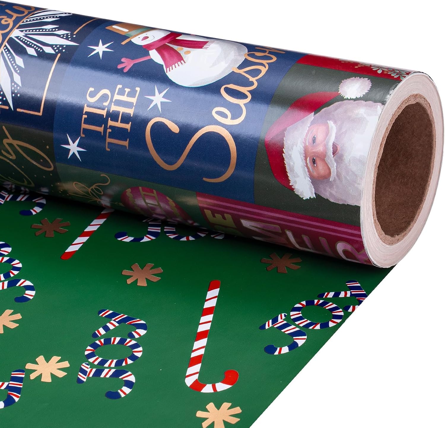 RUSPEPA 30" X 32.8' Reversible Christmas Wrapping Paper Large Paper Roll, Jumbo Roll, Santa Claus, Snowman and Candy Cane Design Gift Wrap for Kids, Friends, Family, Xmas Holiday Gifts
