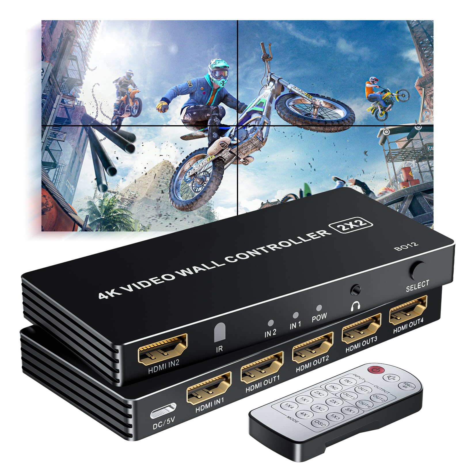 4K HDMI Video Wall Controller 2x2, LUKFOCAB 2 in 4 Out TV Wall Controller with IR Remote, Supports 180 Degree Rotate, 8 Splicing Display Modes Processor 2x2, 1x2, 1x3, 1x4, 2x1, 3x1, 4x1