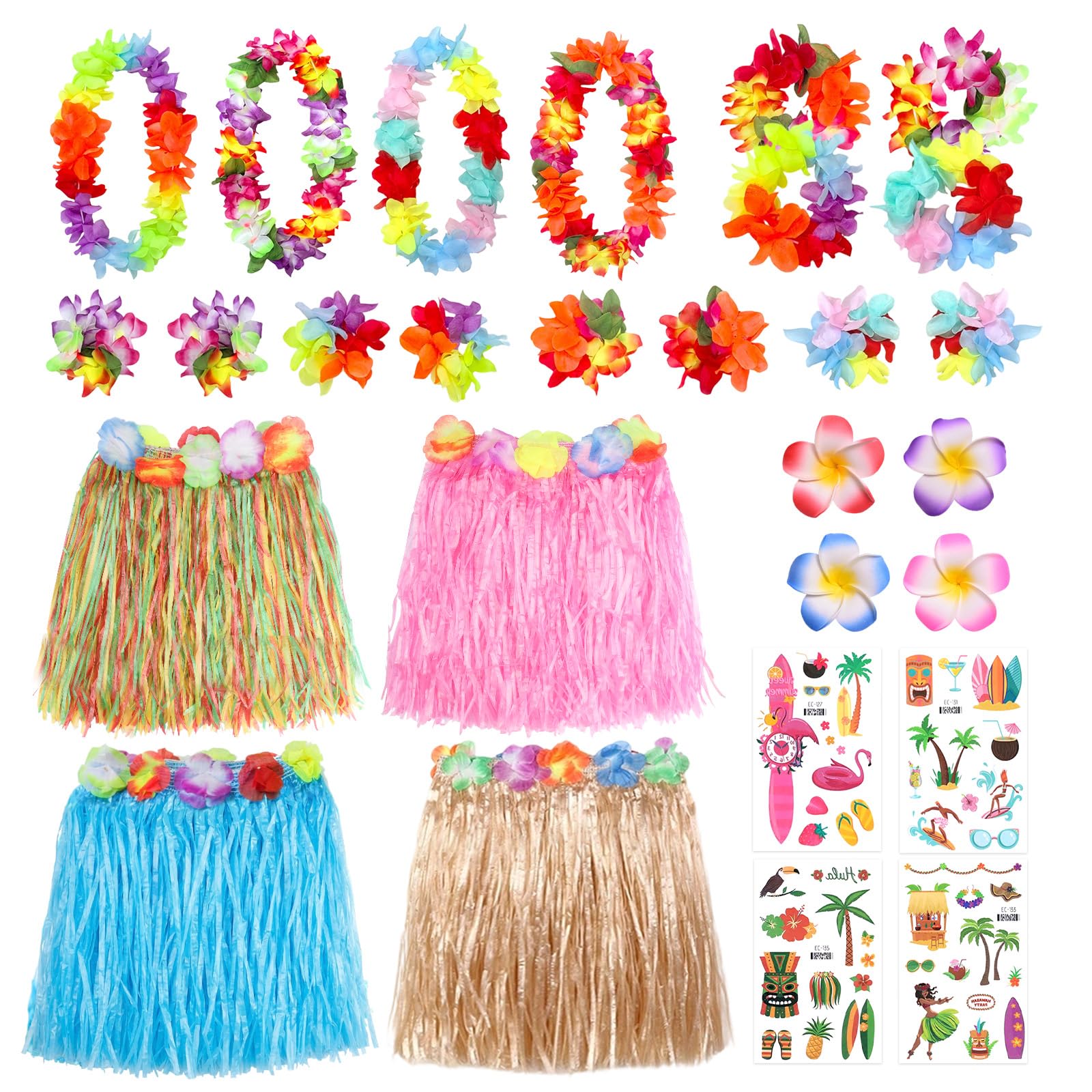 28Pcs Hawaiian Hula Skirt Sets, Colorful Hawaiian Party Fancy Dress Kit with 4 Sets Grass Skirt Flower Leis Garland Bracelet Necklace Flower Hair Clips Tattoo Stickers for Summer Tropical Luau Party