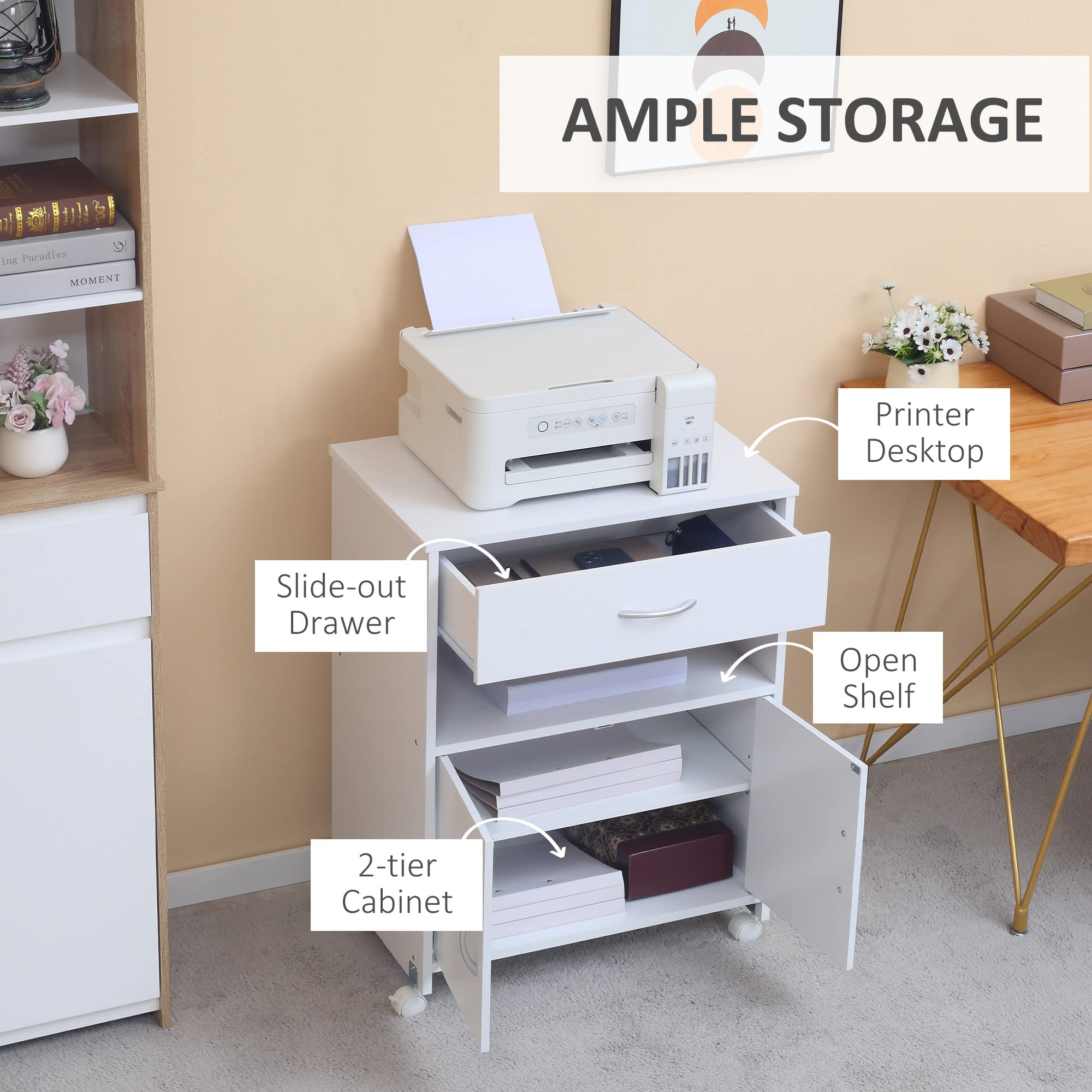 Vinsetto Armario para Impresora Soporte para Impresora con Ruedas Mueble Impresora con Cajón 2 Puertas y Compartimiento Abierto para Salón Oficina Estudio 60x39x80 cm Blanco