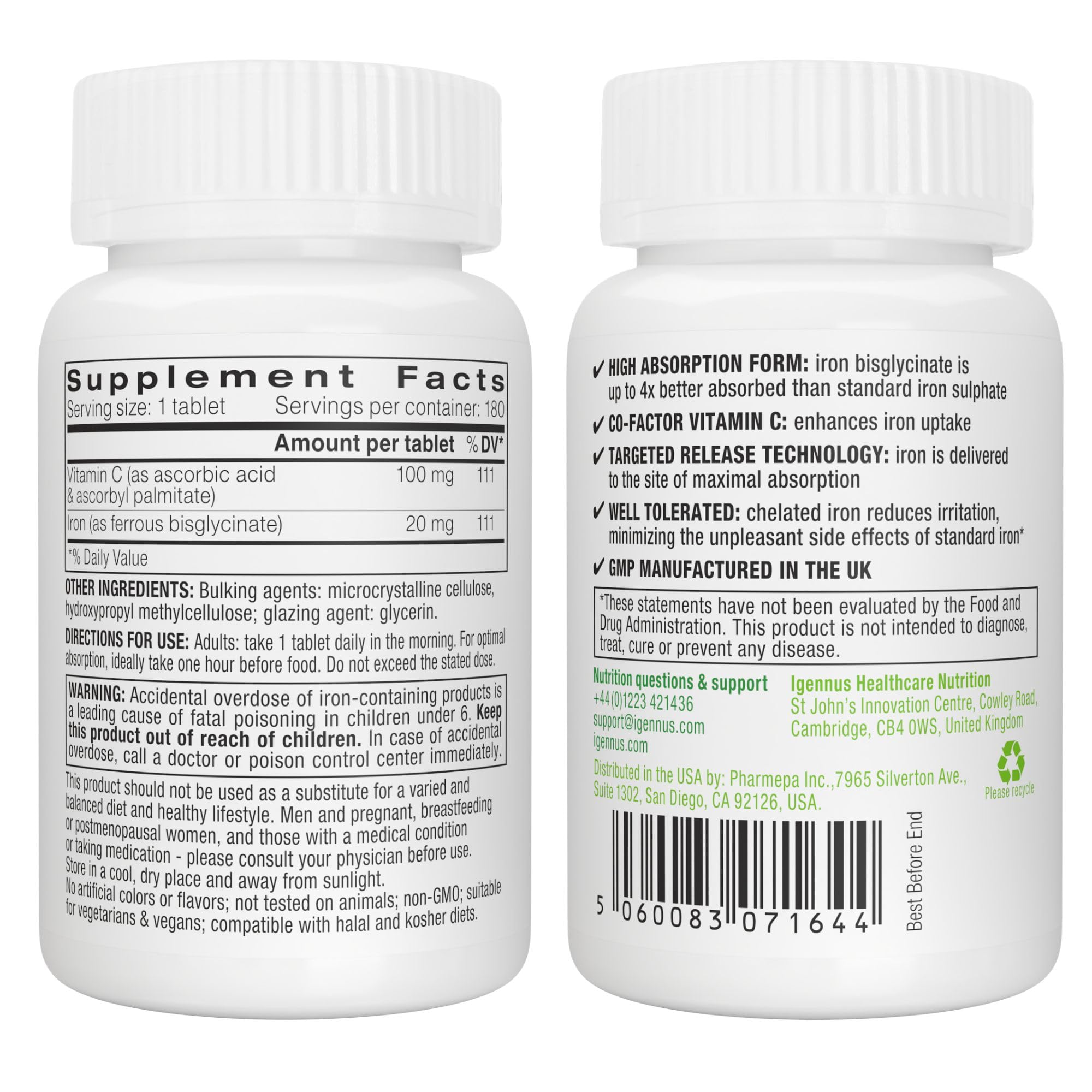 Igennus Clean Iron Bisglycinate 20mg with Vitamin C, 180 Tablets — Amazon image 6