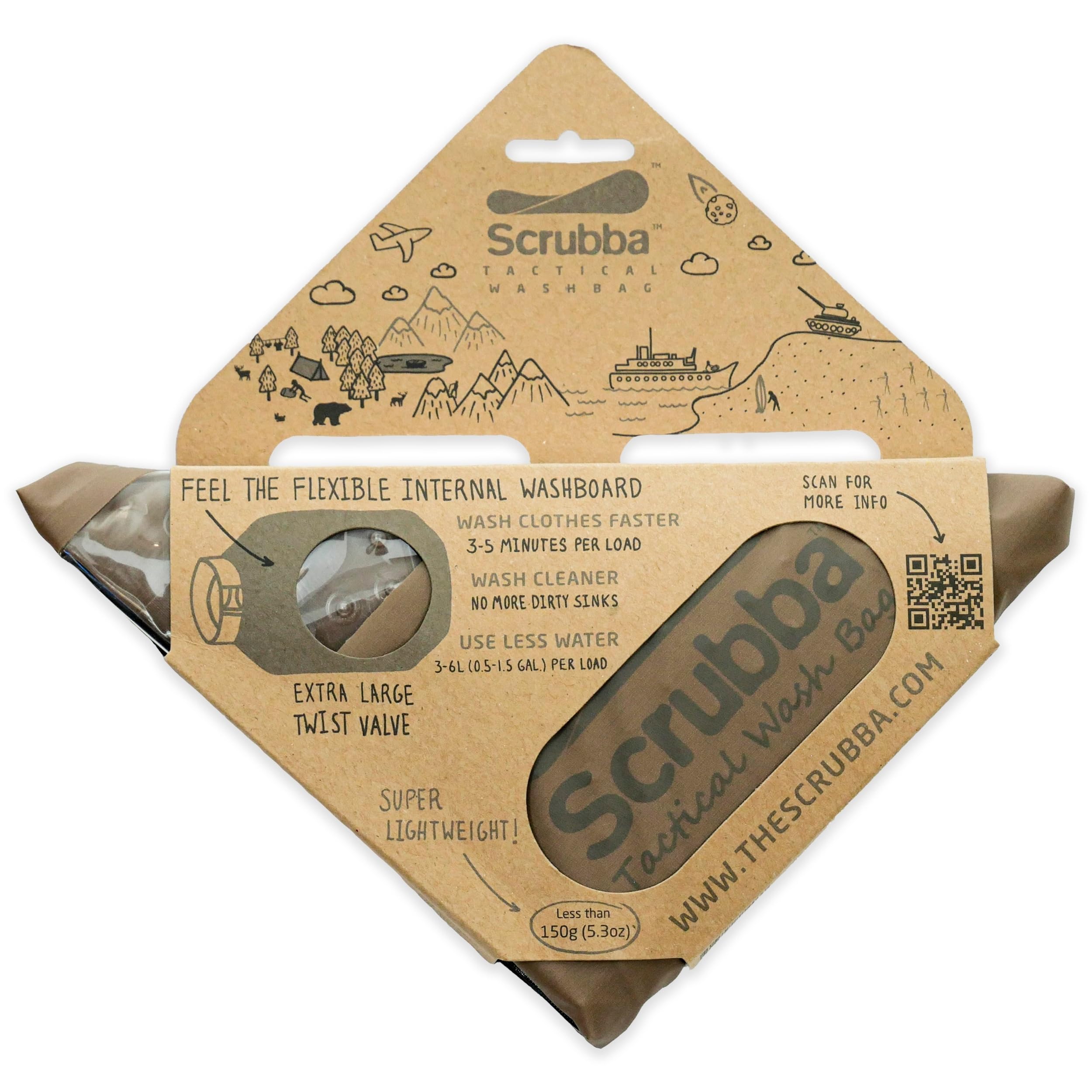 Scrubba TACTICAL Kit de Lavage & Séchage – Machine à laver portable robuste avec serviette XL, corde à linge & cintres – Léger & essentiel pour camping, randonnées, voyages