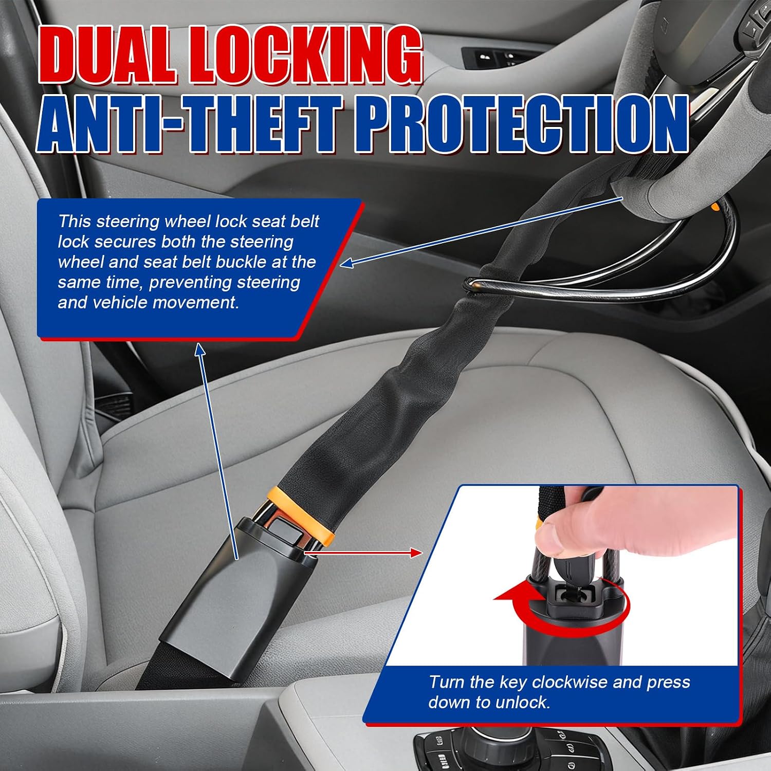 NYXOVA Steering Wheel Lock Seat Belt Lock, Universal Car Anti-Theft Device, Thickened Steel Cable Steering Wheel Lock with 3 Keys, Fits Most Cars, SUVs, Trucks & Vans