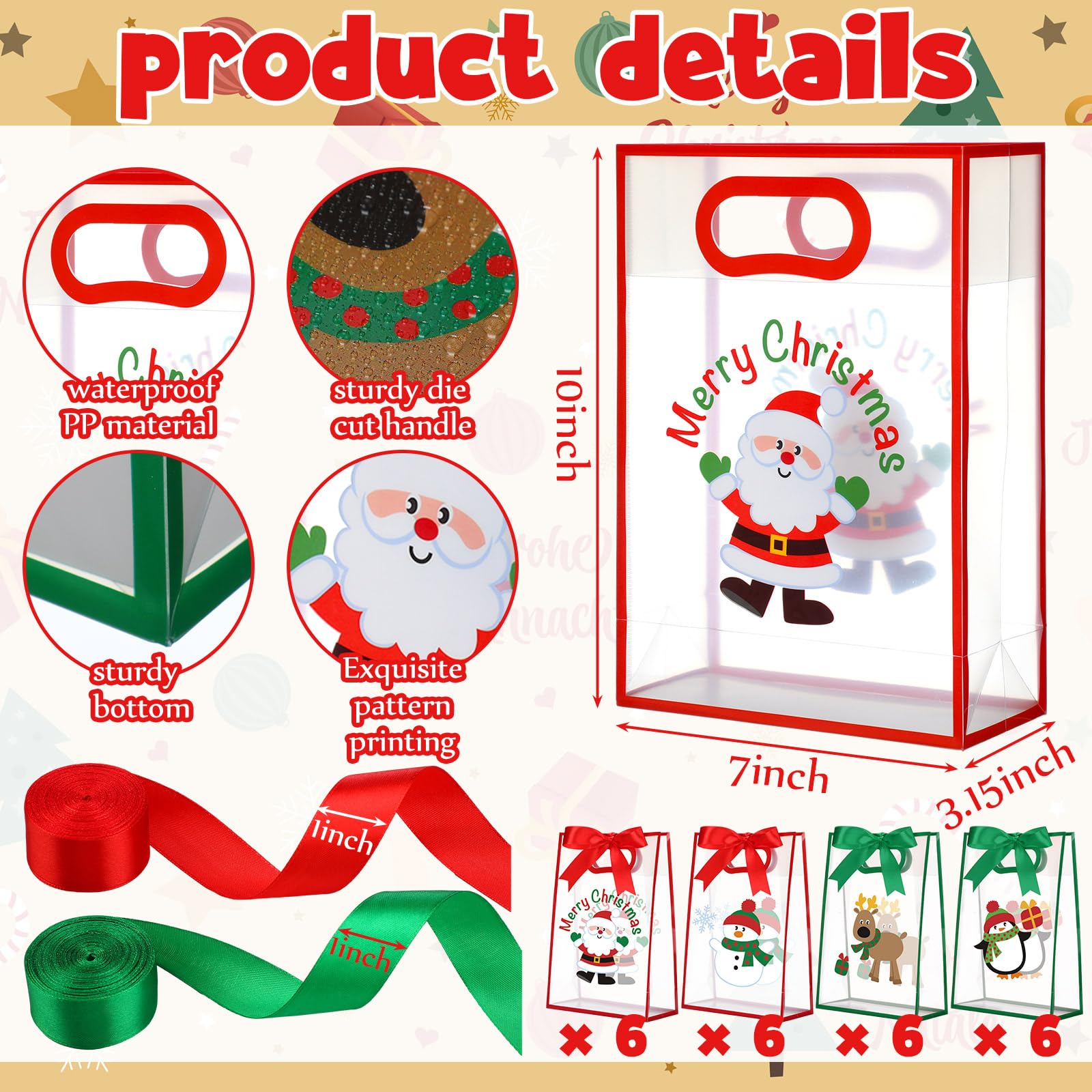 Gersoniel Lot de 24 sacs cadeaux de Noël transparents avec poignées, sacs à friandises de Noël en plastique avec nœud et rubans en PVC transparent, Père Noël, élan, bonhomme de neige pour anniversaire