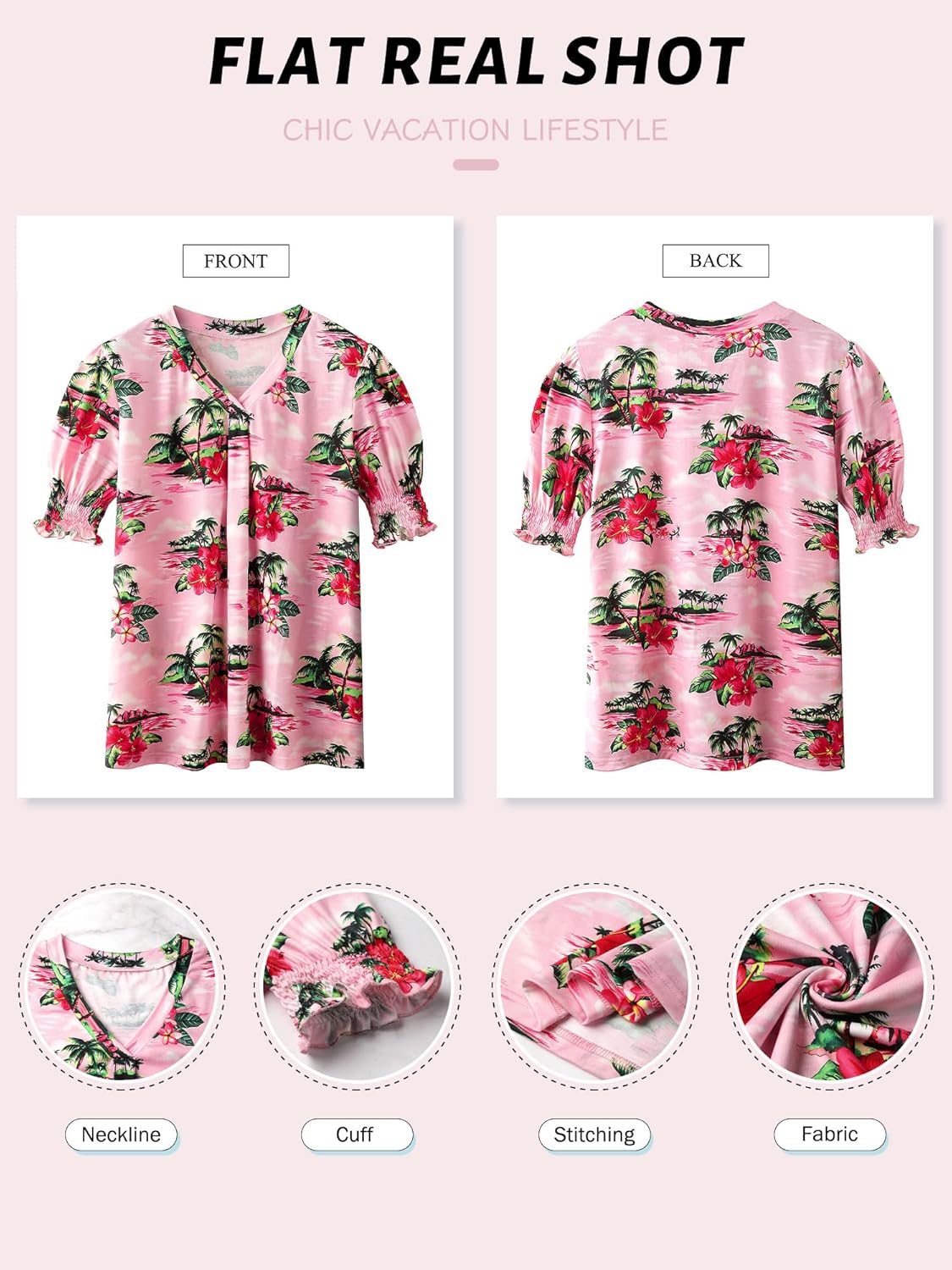 ZXZY Women Ruffle Short Sleeve Pleated V Neck Floral Print Hawaiian Shirts Blouse Tops - Image 7