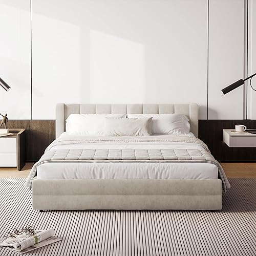 Miniatura 7 de DEINPPA Bastidor de cama tamaño Queen con 4 cajones de almacenamiento y cabecera suave tipo nube, base de madera con tapizado de chenilla, no