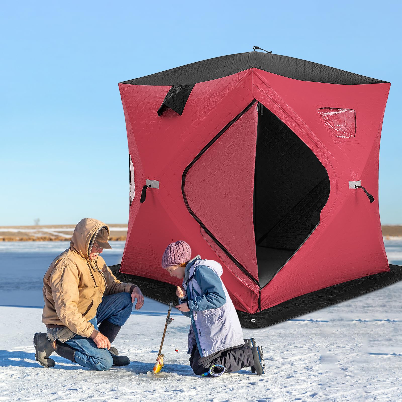GYMAX Tente de Pêche sur Glace pour 2-4 Personnes, Parois Rembourré de Coton Résistant au Froid, Abri Extérieur d'hiver, avec Fenêtres, Porte Zippée, Sac de Transport, 190x190 x171cm