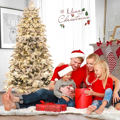 Vista 3 de Happygrill 6FT Pre-lit Snow Flocked Christmas Tree with 250 LED Lights & 1415 PE & PVC Branch Tips, Hinged Holiday Festival Decoration Tree for Nieve
