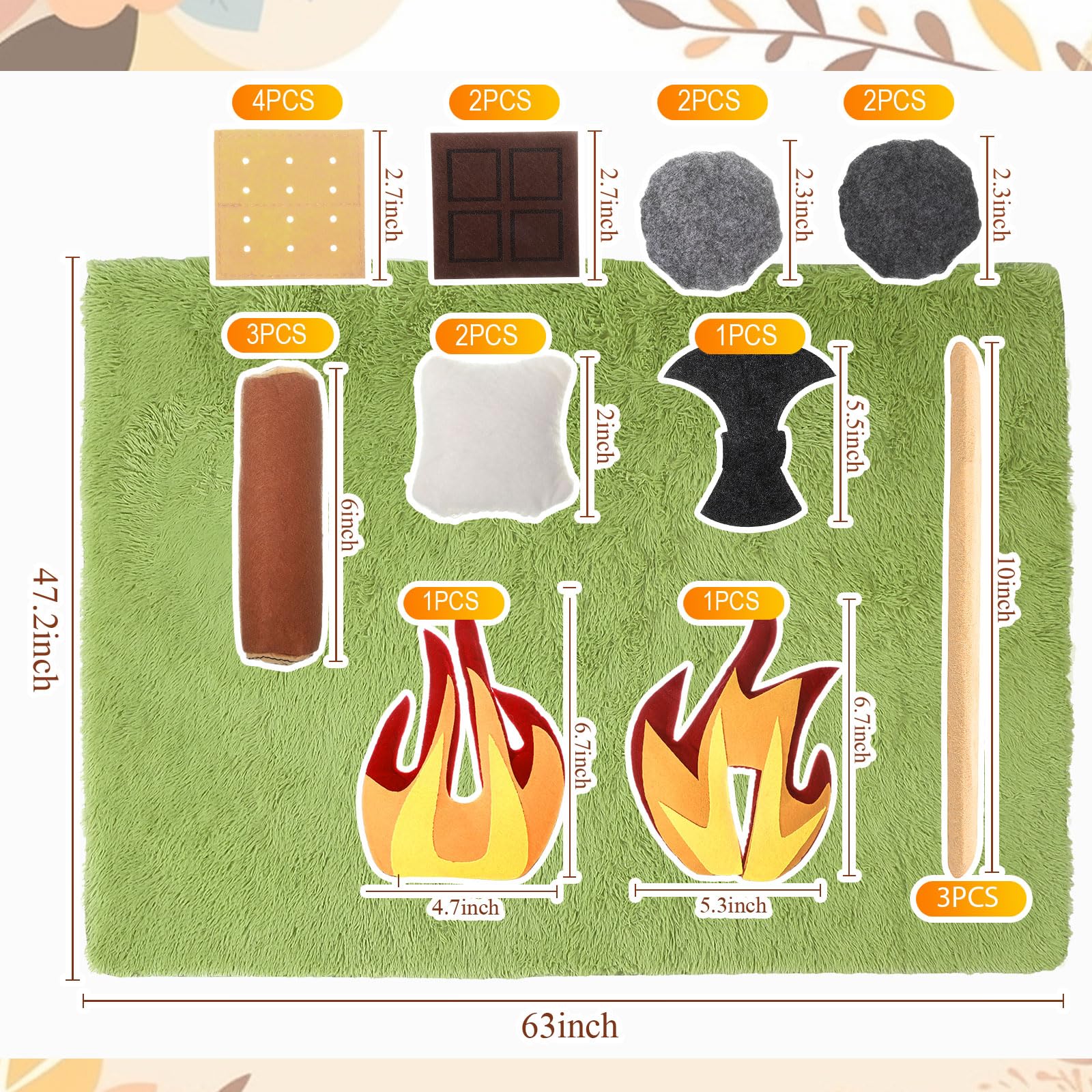 Kigley 27 Pcs Pretend Camping Play Set Includes Kid Teepee Beige Indoor Play Tent Felt Campfire Toys Wooden Print Throw Pillow Floor Cushion Fluffy Carpets for Boy Girl Adult Dramatic Play Decoration - Image 3