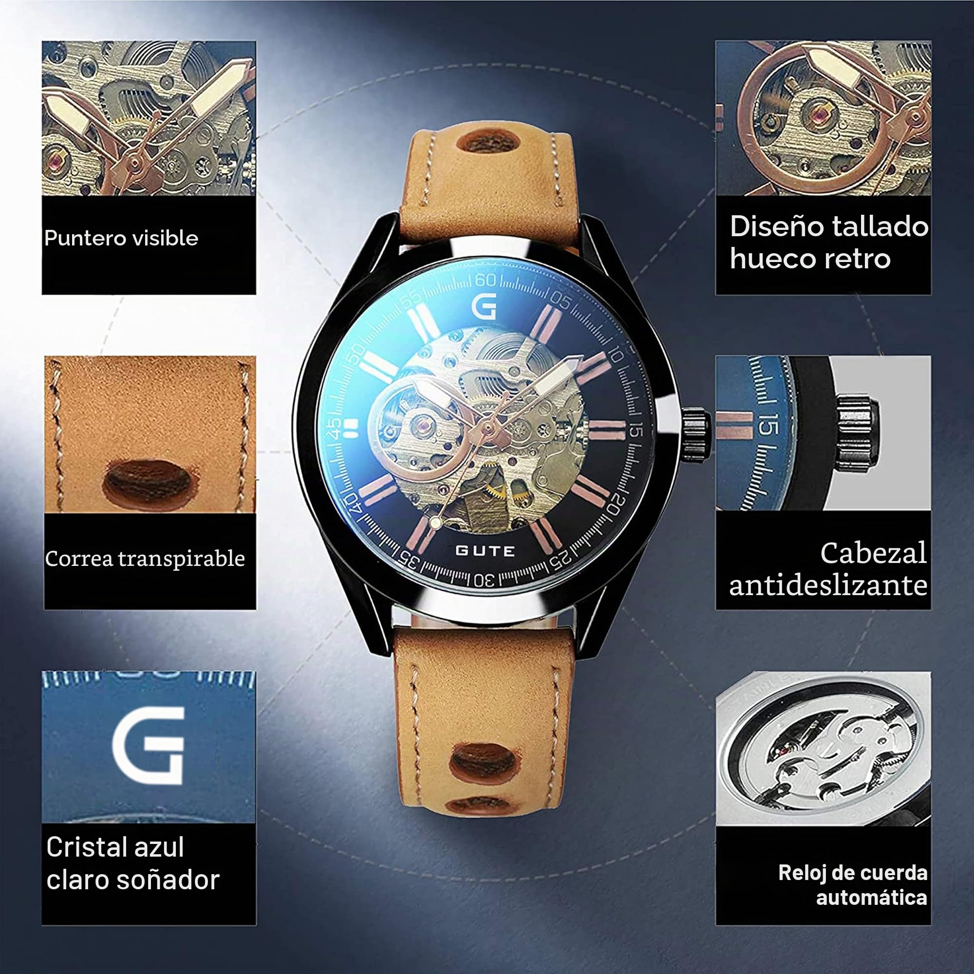 Gute Reloj automático para hombre, reloj de pulsera mecánico automático de esqueleto, analógico, casual, deportivo, reloj de cuero marrón