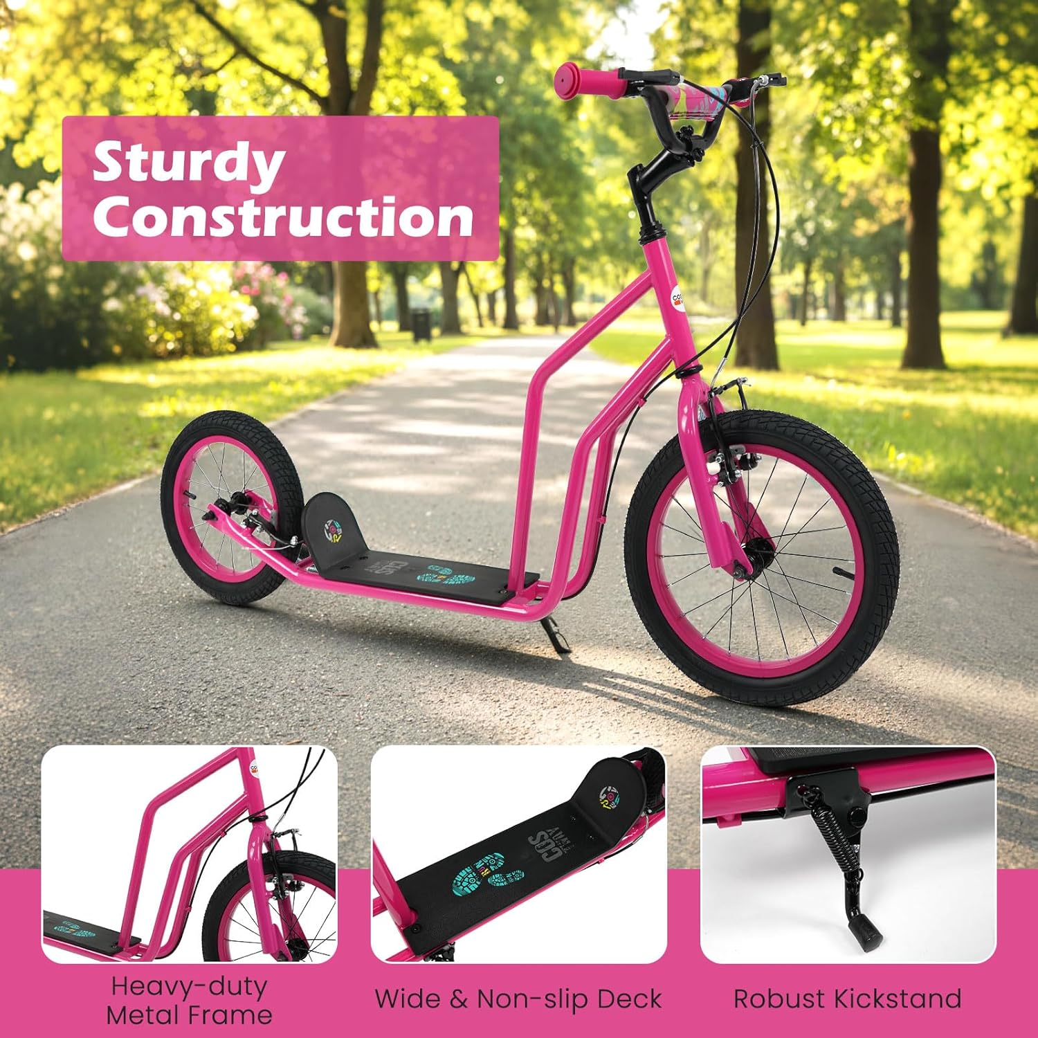 GYMAX Youth Scooter, Height Adjustable Kick Scooters with Extra Large Inflatable 16” Front & 14” Rear Wheels, Dual Hand Brakes & Kickstand, Heavy Duty Scooter for Teens Adults (Pink)