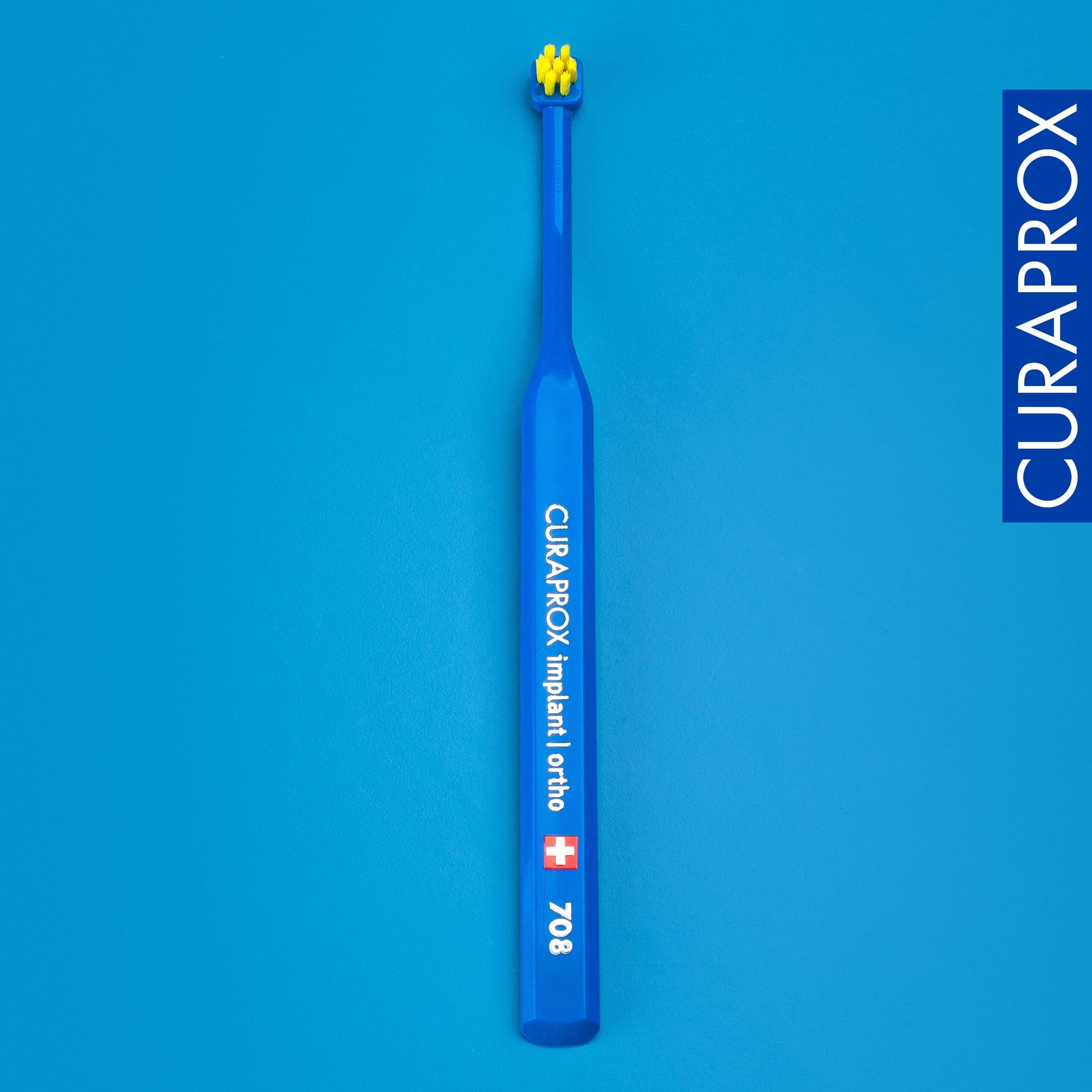 Curaprox implant toothbrush-do implantów, aparatów ortodontycznych i trudnych miejsc/Elastyczna głowica do precyzyjnego czyszczenia/Niebiesko-żółty/pojedyncze opakowanie/Made in Switzerland