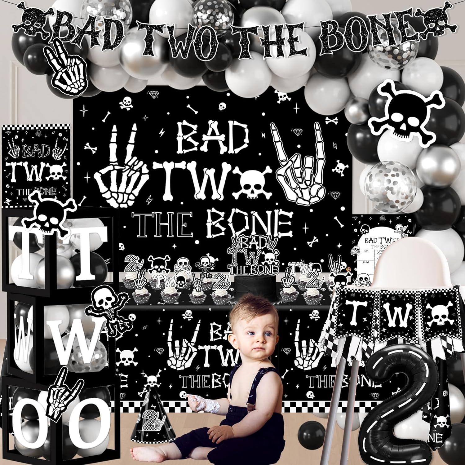 2nd Birthday Decorations for Boys, Bad Two The Bone Party Decorations with Backdrop Balloon Box Cake Cupcake Topper Tablecloth for Bad 2 The Bone Halloween 2 Year Old Birthday Party Decorations Boy