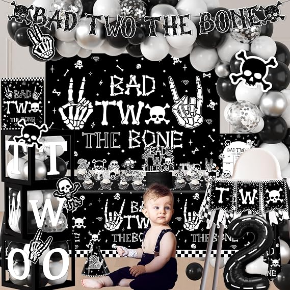 2nd Birthday Decorations for Boys, Bad Two The Bone Party Decorations with Backdrop Balloon Box Cake Cupcake Topper Tablecloth for Bad 2 The Bone Halloween 2 Year Old Birthday Party Decorations Boy