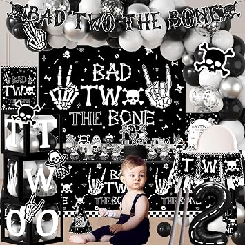 2nd Birthday Decorations for Boys, Bad Two The Bone Party Decorations with Backdrop Balloon Box Cake Cupcake Topper Tablecloth for Bad 2 The Bone Halloween 2 Year Old Birthday Party Decorations Boy