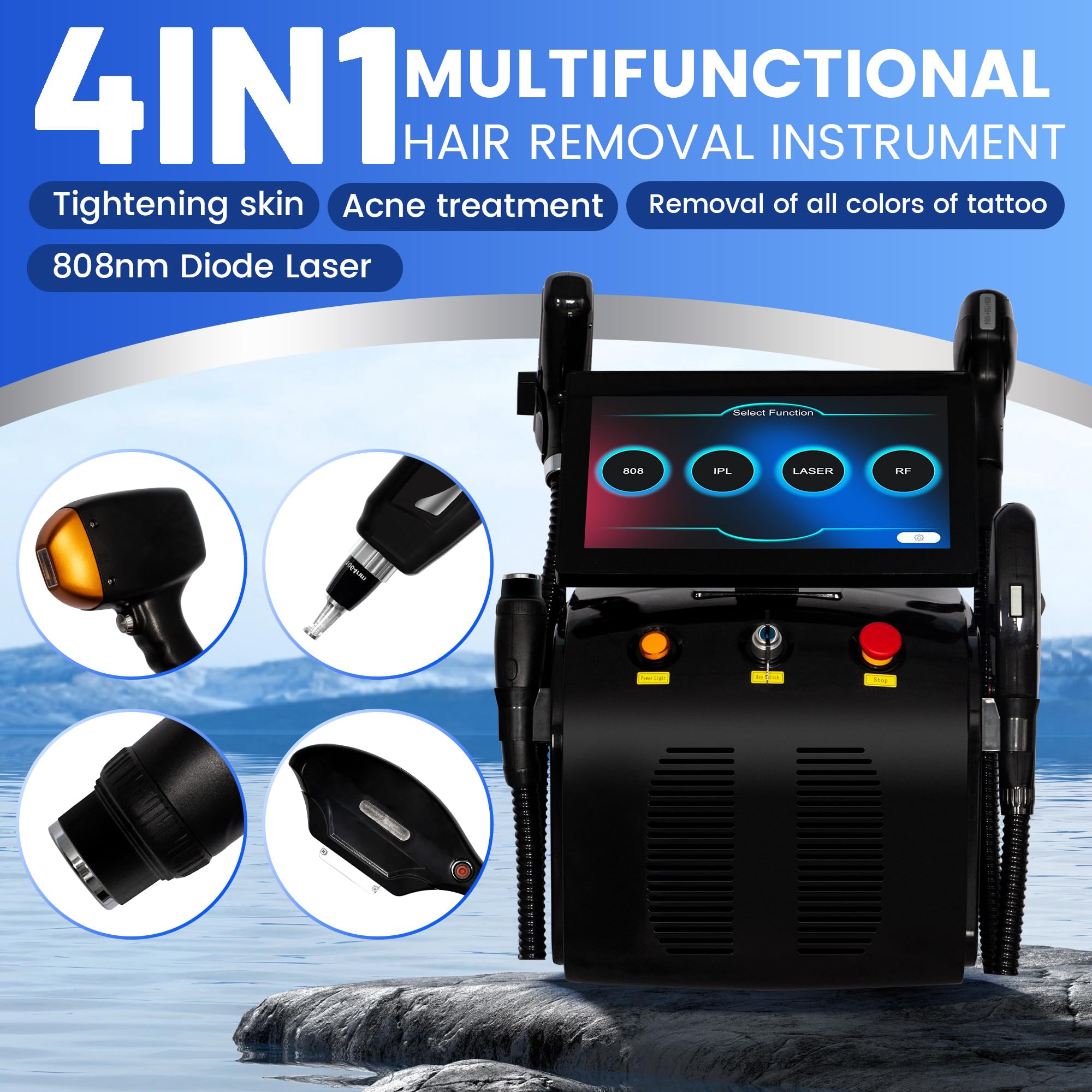 Macchina Epilazione Laser a Diodo 808nm 4 in 1 Salone | Piattaforma multi manipolo per epilazione, servizi IPL con filtri e trattamenti estetici RF in salone