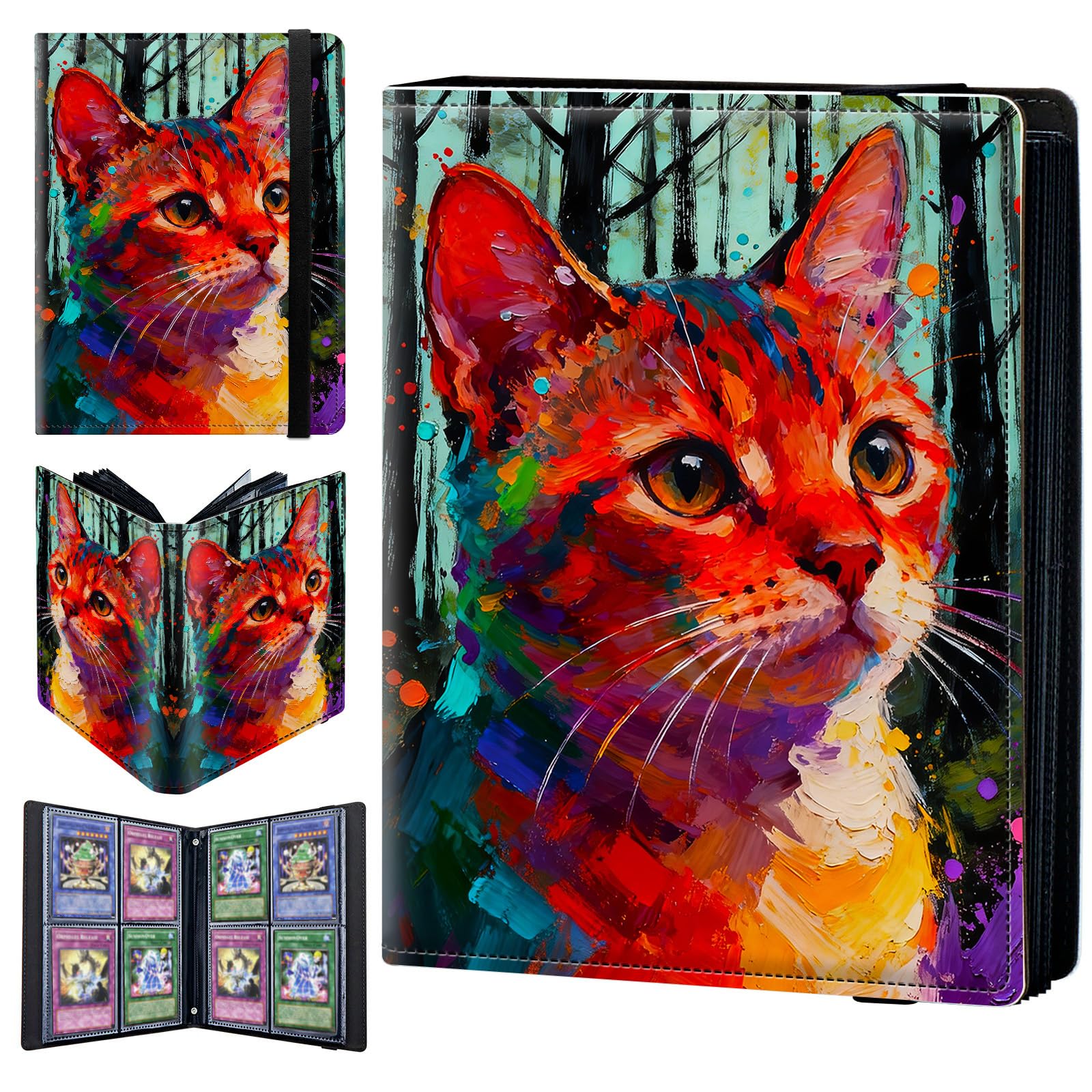 4 Pocket Trading Card Binder 320 Side Loading Pocket Album with Watercolor Cat and Forest Pattern Design Card Binder for Sports Cards & Game Cards