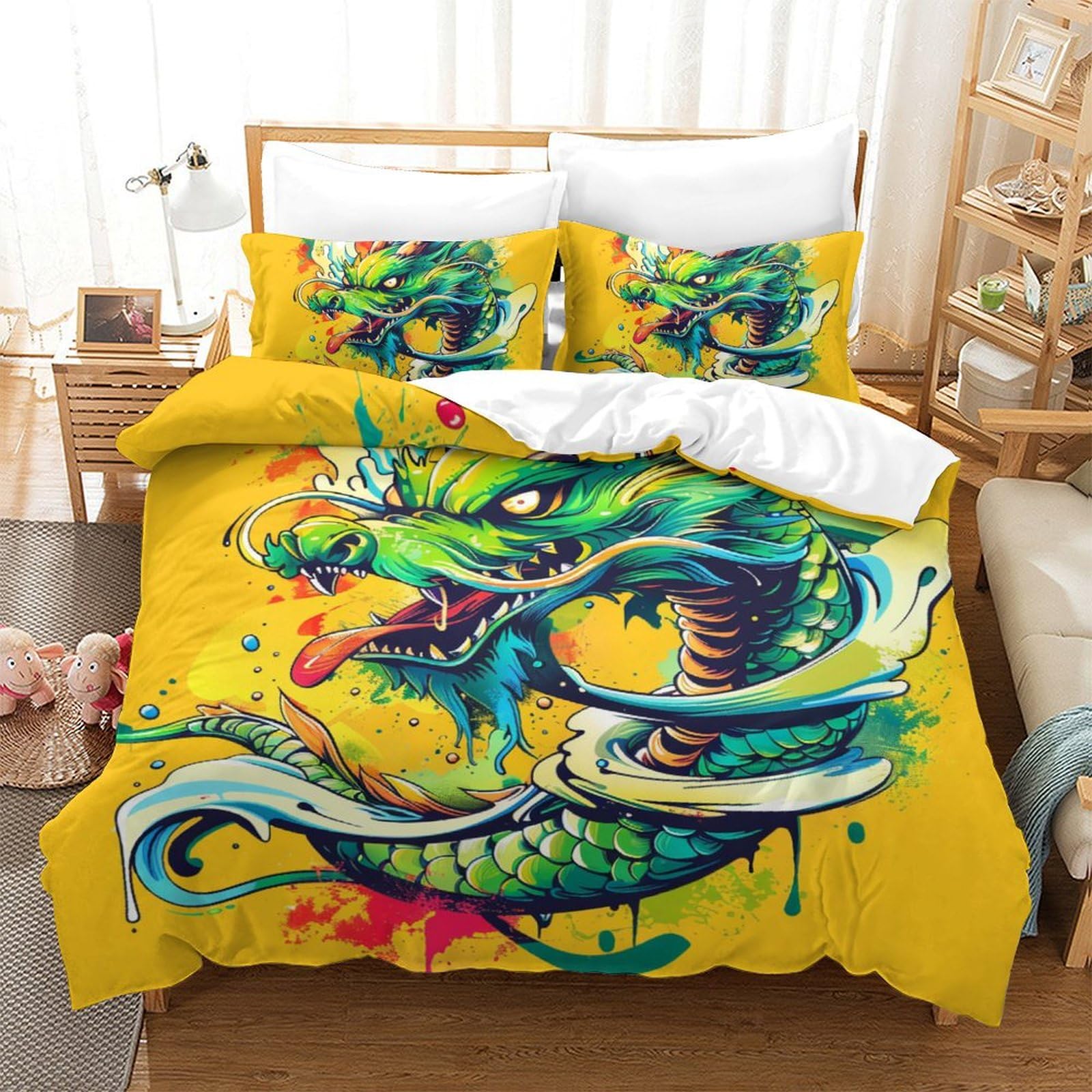 Housse de couette dragon 3D lit 2 personnes 200x200 cm