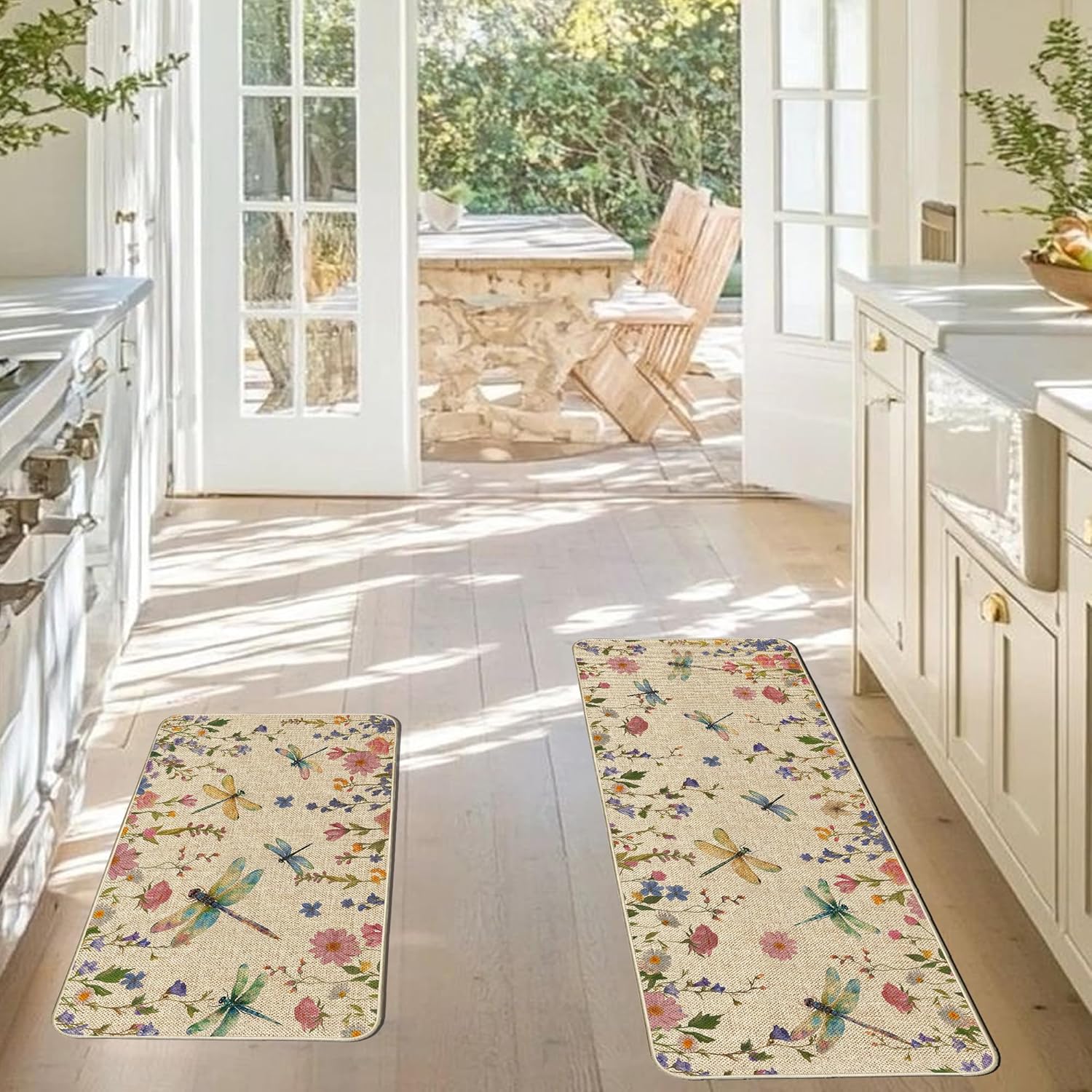 Spring Summer Dragonflies Wildflowers Kitchen Mats Set of 2, Watercolor Floral Garden Kitchen Rugs Seasonal Holiday Floor Non-Slip Low Profile Mat Farmhouse Home Decor 17x29 and 17x47 Inch