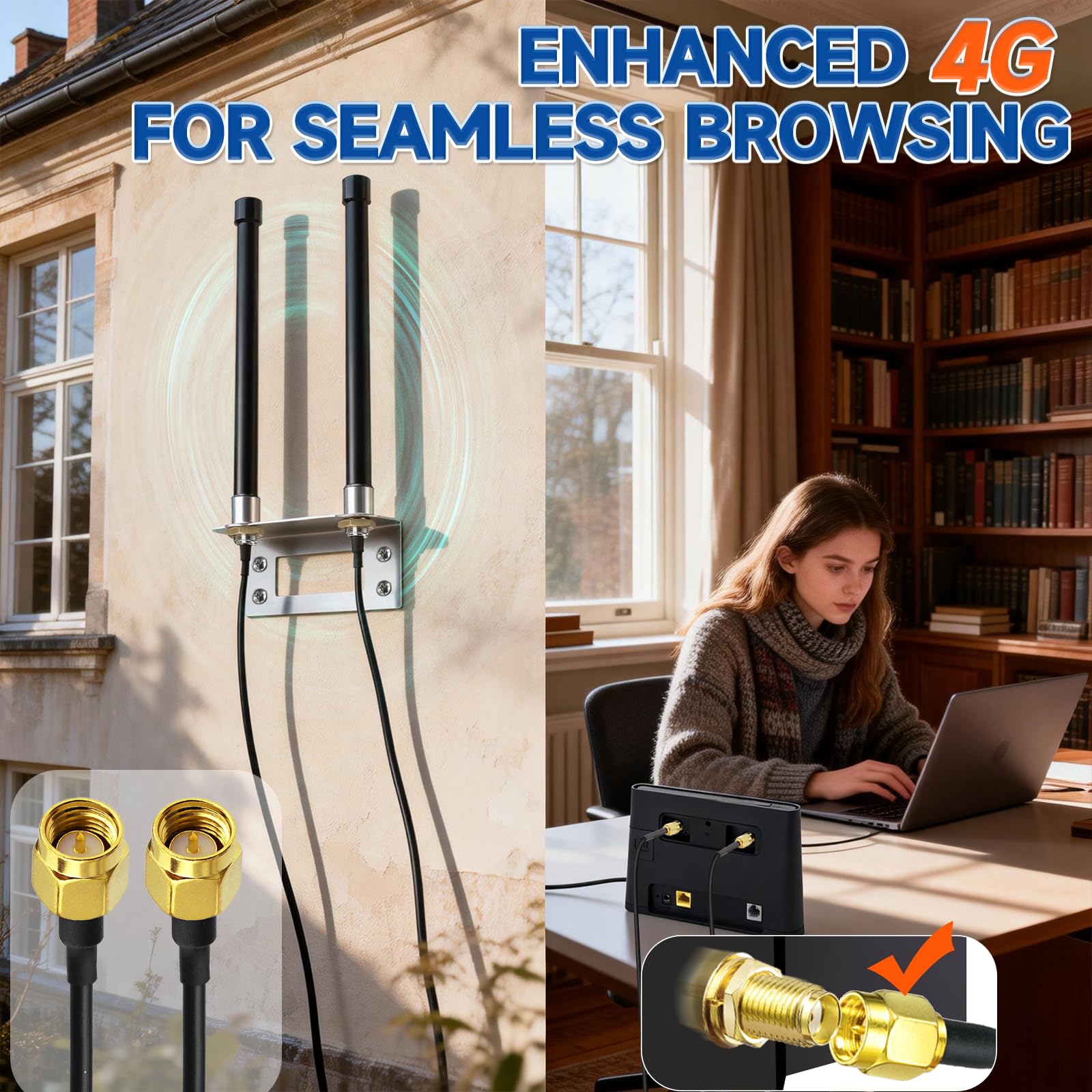 Bingfu Antenne 4G LTE 3G GSM Extérieur Fibre de Verre 6 dBi MIMO SMA Mâle | Fixation Murale, Étanche, Câble à Faible perte 3 m, pour Routeur CPE, Box SIM, Modem, Caméra, Passerelle IOT Cellulaire