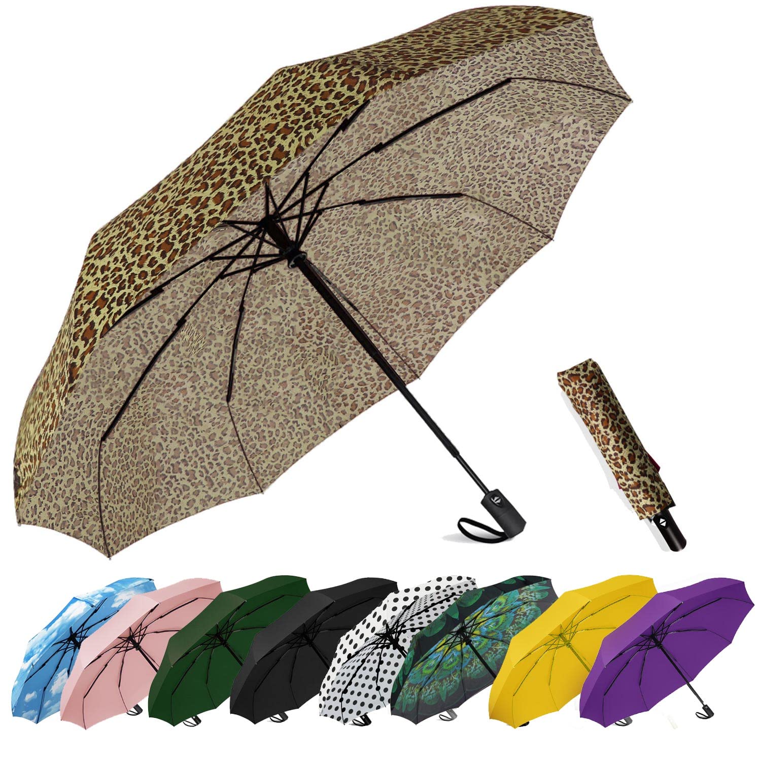 SIEPASASIEPASA Windproof Travel Compact Umbrella-Automatic Umbrellas for Rain-Compact Folding Umbrella, Travel Umbrella Small Portable Windproof Umbrellas for Men Women Teenage. (New Leopard Print)