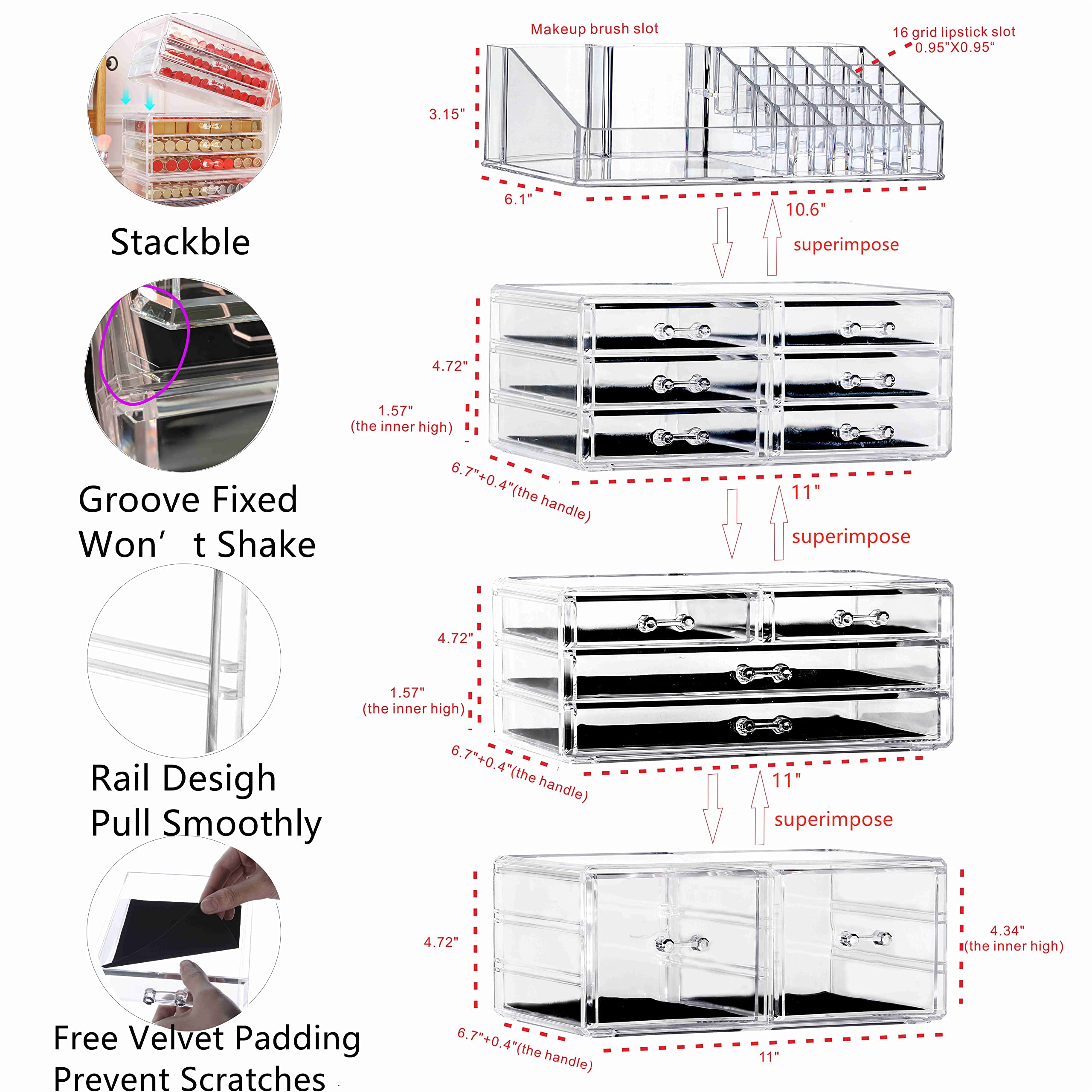 Cq acrylic Clear Makeup Storage Organizer Drawers Skin Care X Large Cosmetic Display Cases Stackable Storage Box With 12 Drawers For Dresser,Set of 4