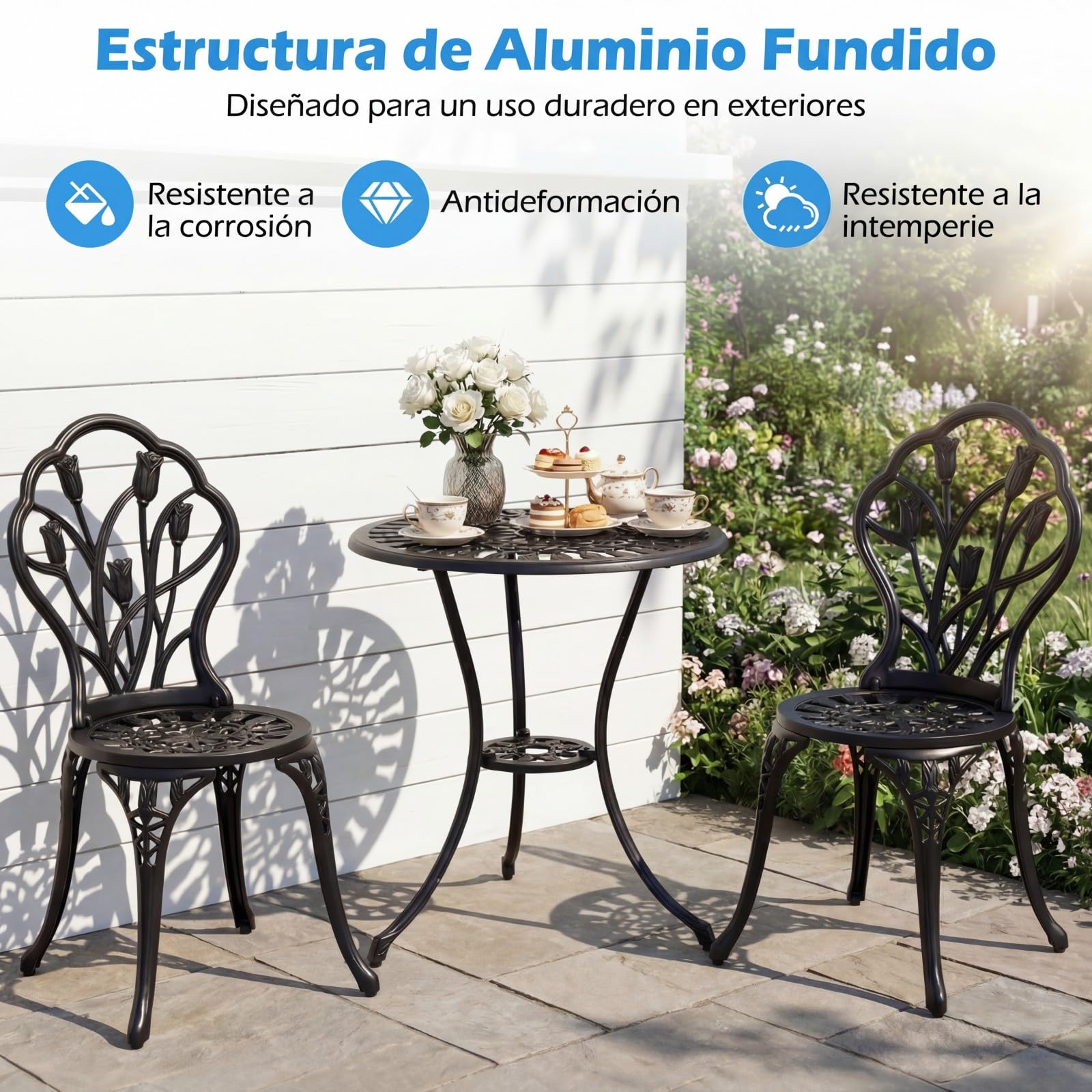 COSTWAY Conjunto Jardin Exterior de 3 Piezas, Aluminio Fundido, Mesa y 2 Sillas Jardin con Orificio para Sombrilla, Set de Bistro Balcon Terraza Espacios Pequeños, Diseño de Tulipán, Vintage