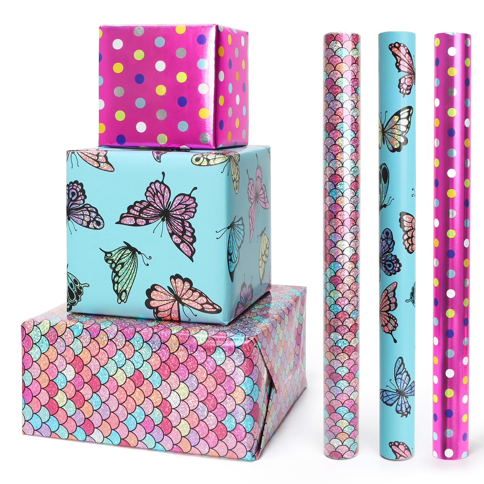 PARTY GO Christmas Wrapping Paper Roll, 43x300cm Recyclable Xmas Wrapping Paper, Pink Butterfly and Mermaid Scales Design, for Xmas Gift Wrap, Party Decoration