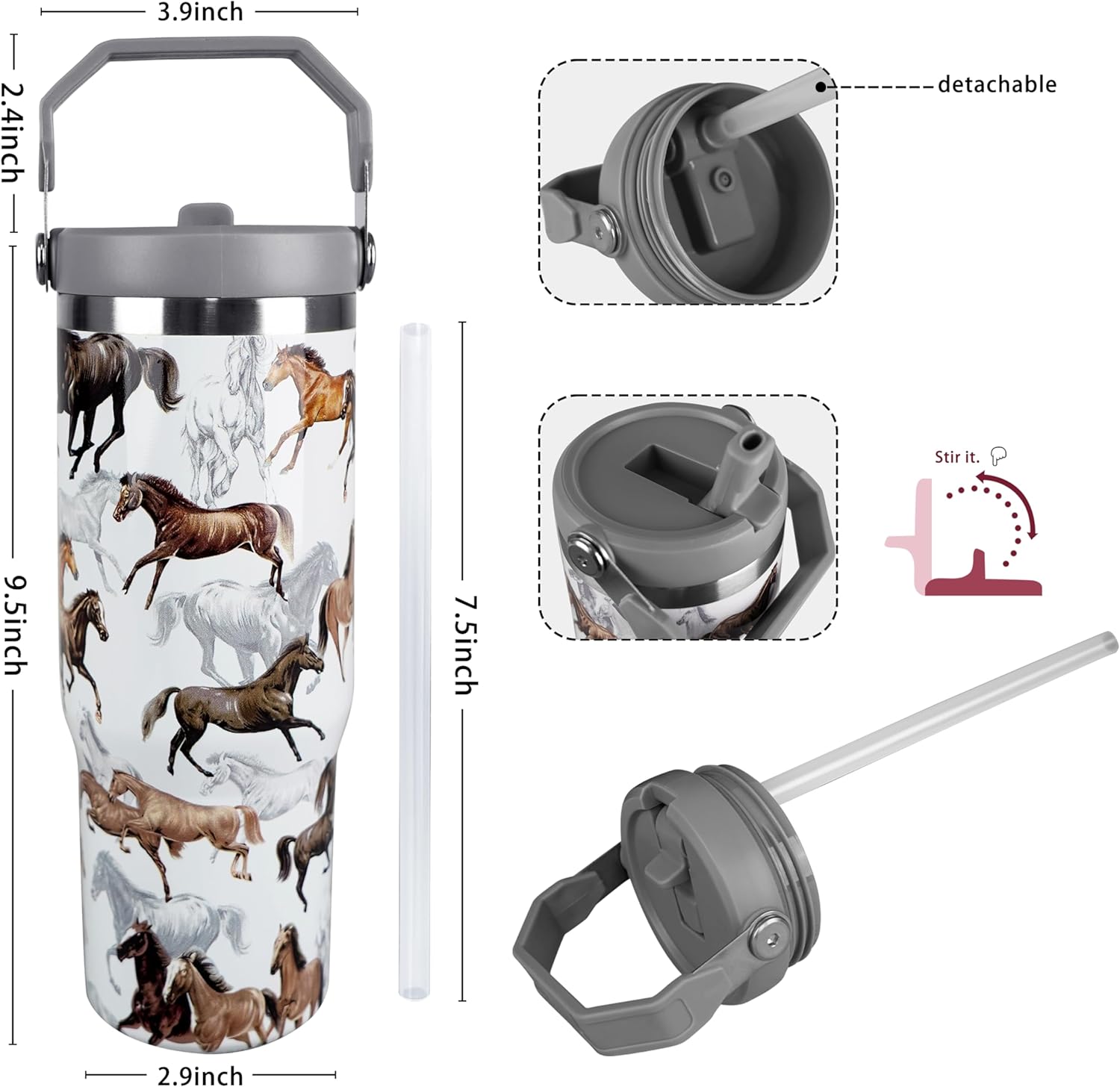 30 oz Horse Tumbler with Straw Handle, Vintage Gifts for Women Men Horse Lover, Stainless Steel Insulated Water Bottle Coffee Cups for Home Office Travel（White） - Image 3