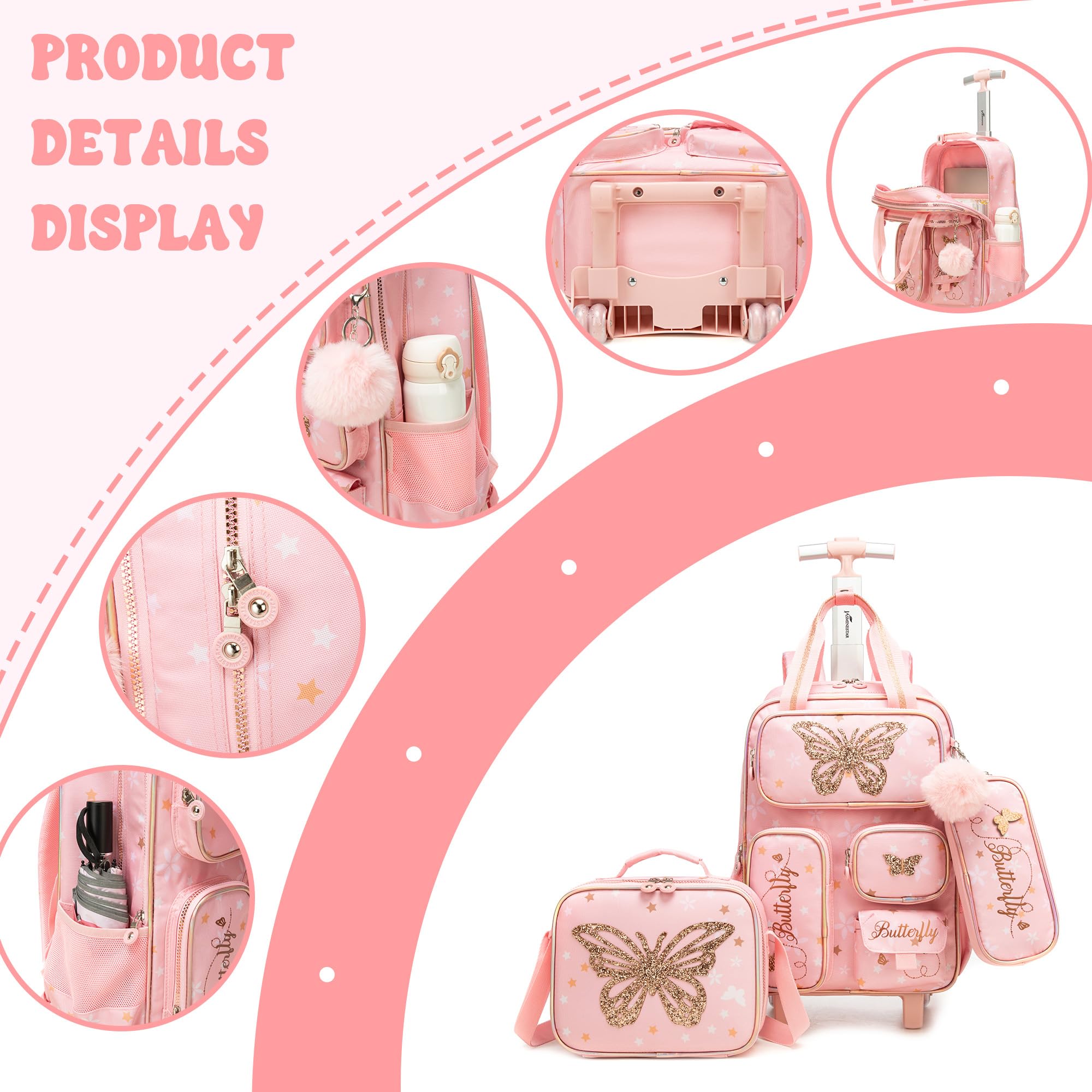 HTgroce Schulrucksack Trolley Mädchen Schmetterling Ergonomischer Schulranzen mit Rollen für Grundschule Kindergepäck Schultrolley