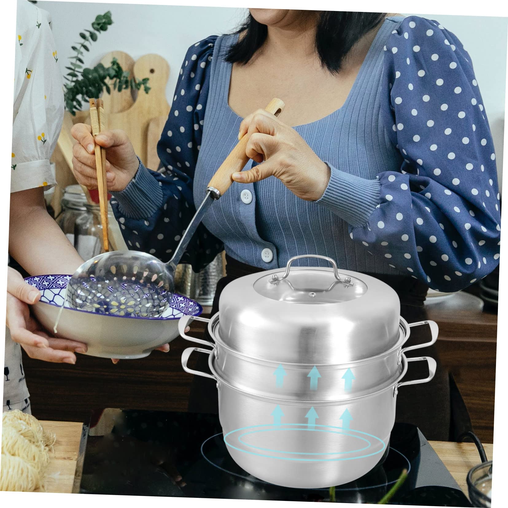 Dampfgarer Topf 3-stufig aus Edelstahl mit Glasdeckel Silber | Multilayer Design, Geeignet für Gemüse, Meeresfrüchte und Fleisch, 1 Satz