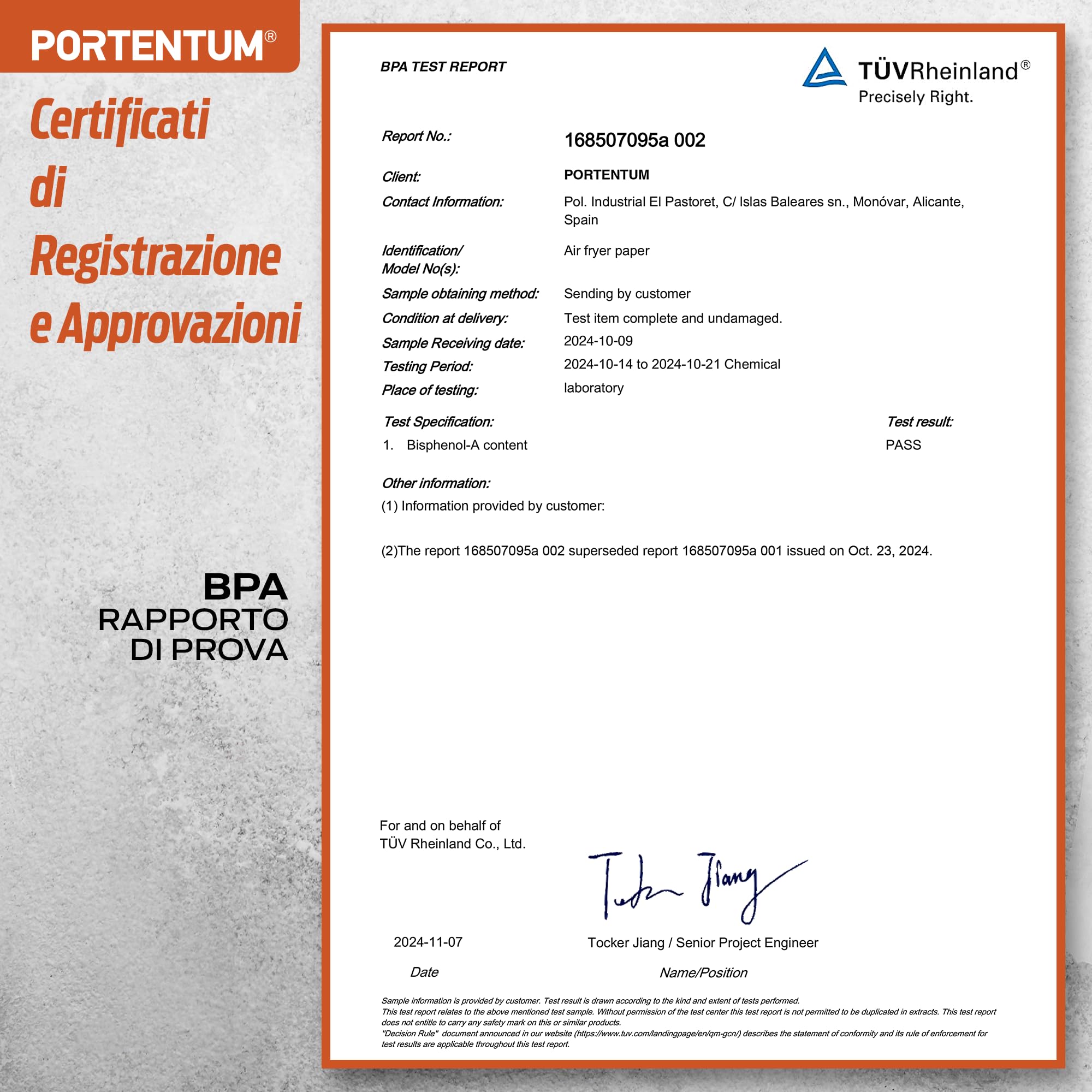 PORTENTUM Carta forno per friggitrice ad aria, 100 unità quadrate 20–24 cm, adatte a modelli 5–8 L. Certificata BPA Free, FDA e LFGB