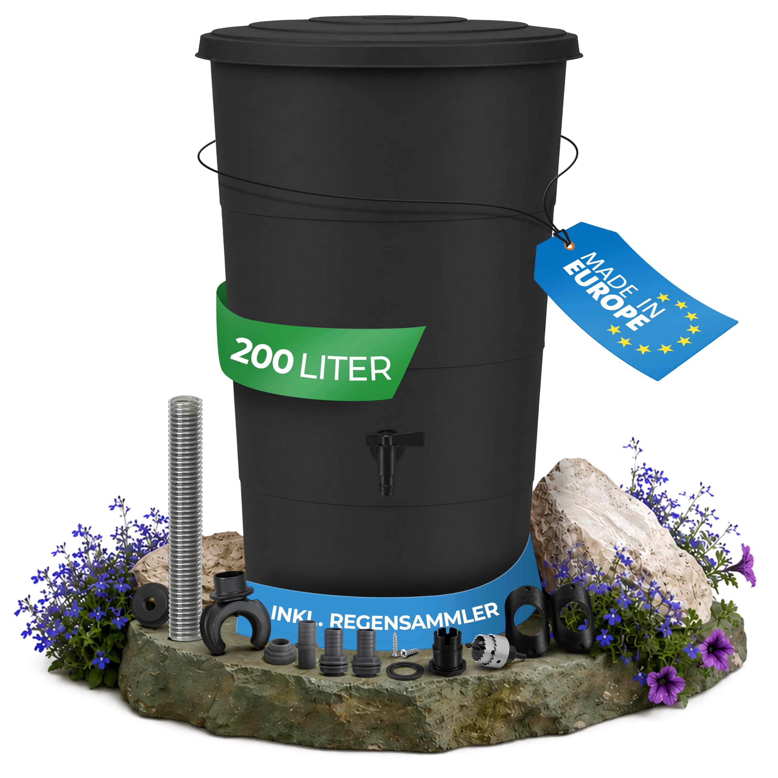 YourCasa Regentonne 200 Liter [inkl. Anschlusset & Bohrer] Regenfass Wetterfest aus Kunststoff mit Wasserhahn - Regenwassertonne - Wasserfass Regenwassertank Wassertonne für Garten (Anthrazit, 200L)