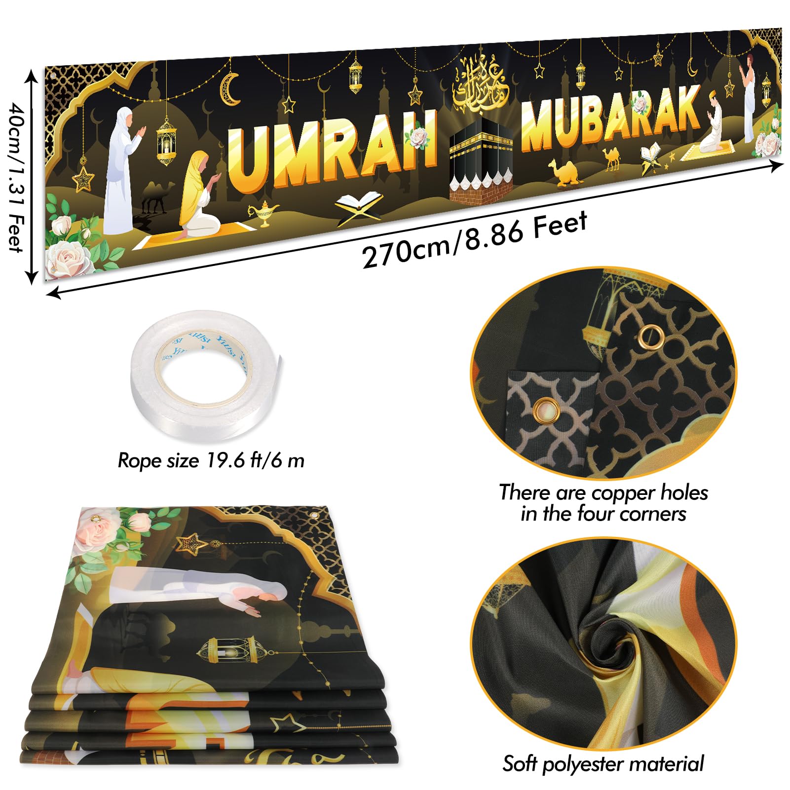 Amosfun UMRAH Mubarak Bunting Banner Moslim Eid Party Decoraties Moslim Eid Burlap Banner Party Favor Bunting Garland Party Photo Props 1 Set