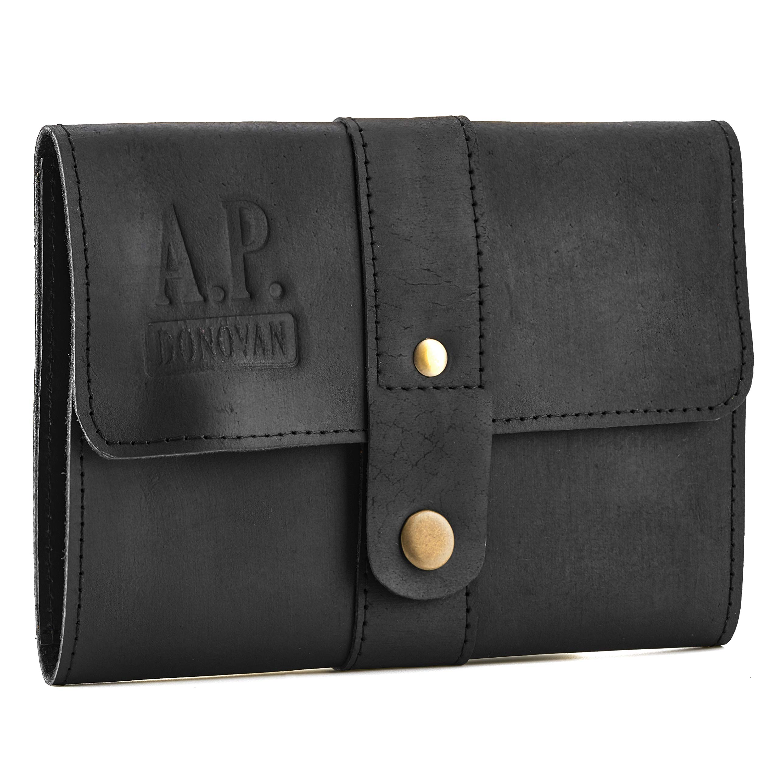 A.P. Donovan - Leather Shaving Bag | Beard Care case | Leather Protective Bag | Shaving Equipment | Case for Razor Plane, Brush and Straight Razor | Black