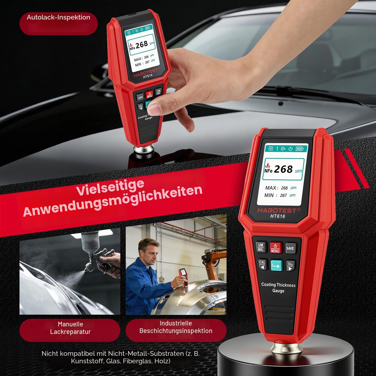 Lackschichtdickenmessgerät für Autos, Digitales Lackmessgerät mit Balkendiagramm, Fe/NFe-Sonde, 0-1800 μm Messbereich, 4-Wege-Farbdisplay mit Hintergrundbeleuchtung für Unfallwagen-Check