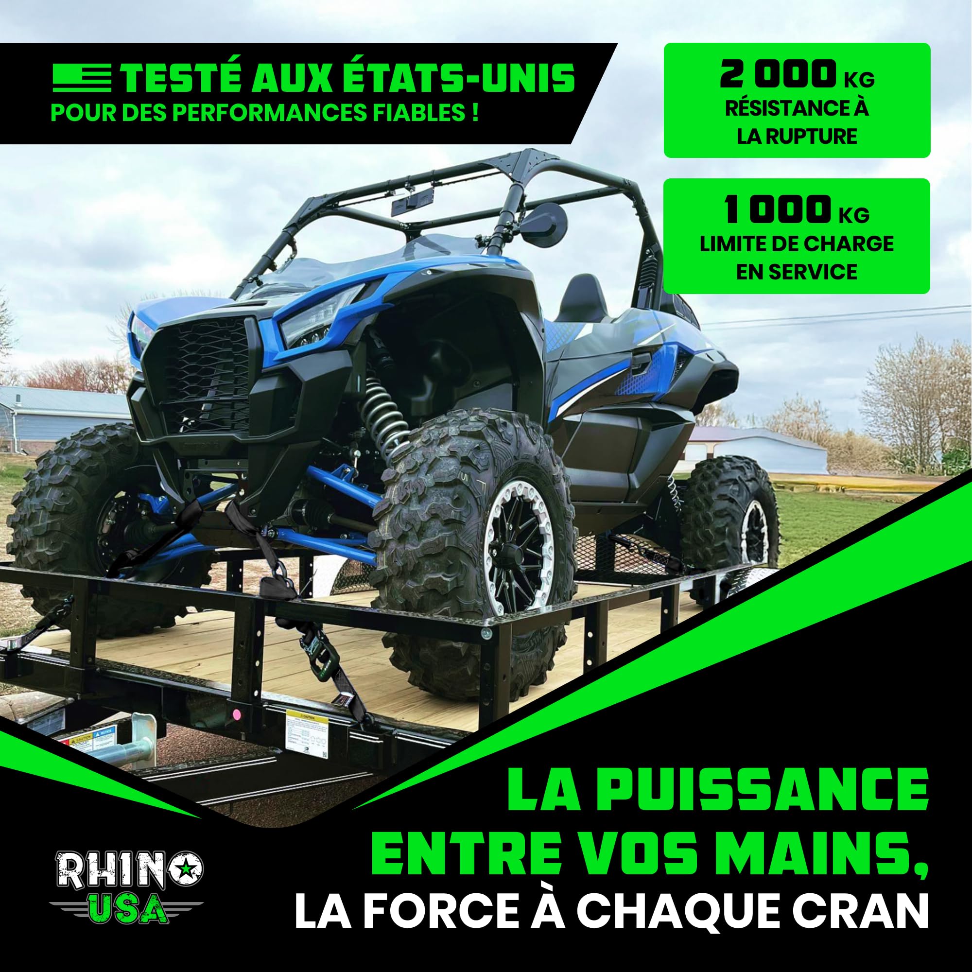 Kit de sangles à cliquet robustes Rhino USA (4 pièces) – 4 cm x 2,4 m (résistance à la rupture de 2 000 kg) – Sangles d'arrimage avec crochets en S pour quads, motos, chargements et plus encore – Noir