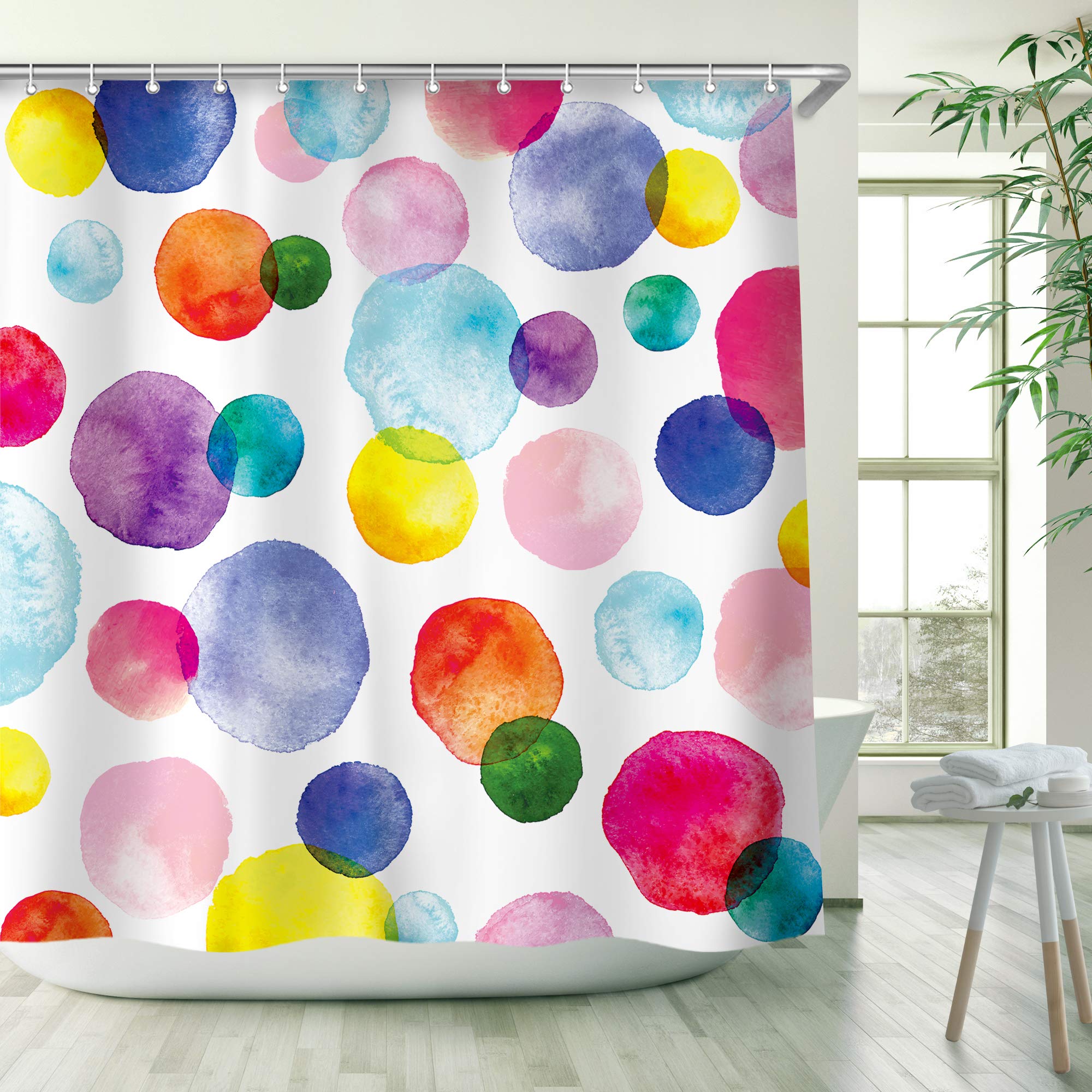 RosieLilyKids Shower Curtain Set with 12 Hooks, Watercolor Polka Dot Circles Shower Curtain, Waterproof Washable Decor Bathroom Bubble Shower Curtain, 72 x 72 inches, Purple and Orange and Blue