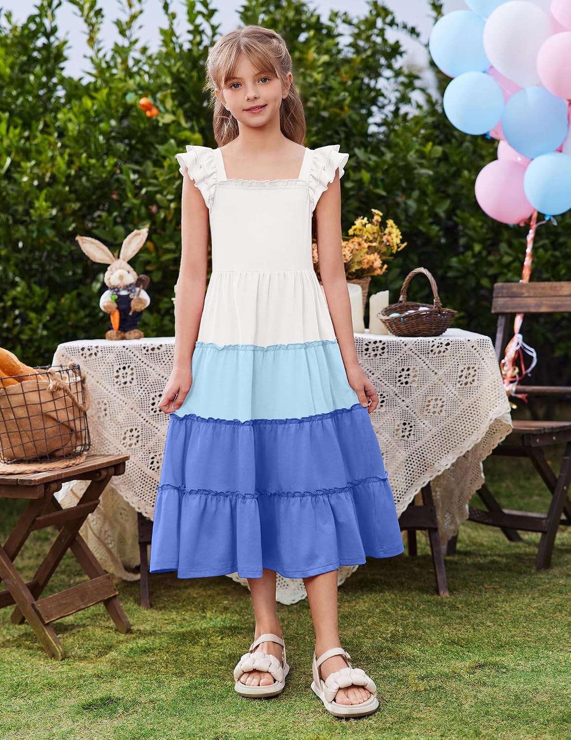 Arshiner Girls Maxi Summer Short Flutter Sleeve Casual Dress with Pockets for 4-14 Y image 2