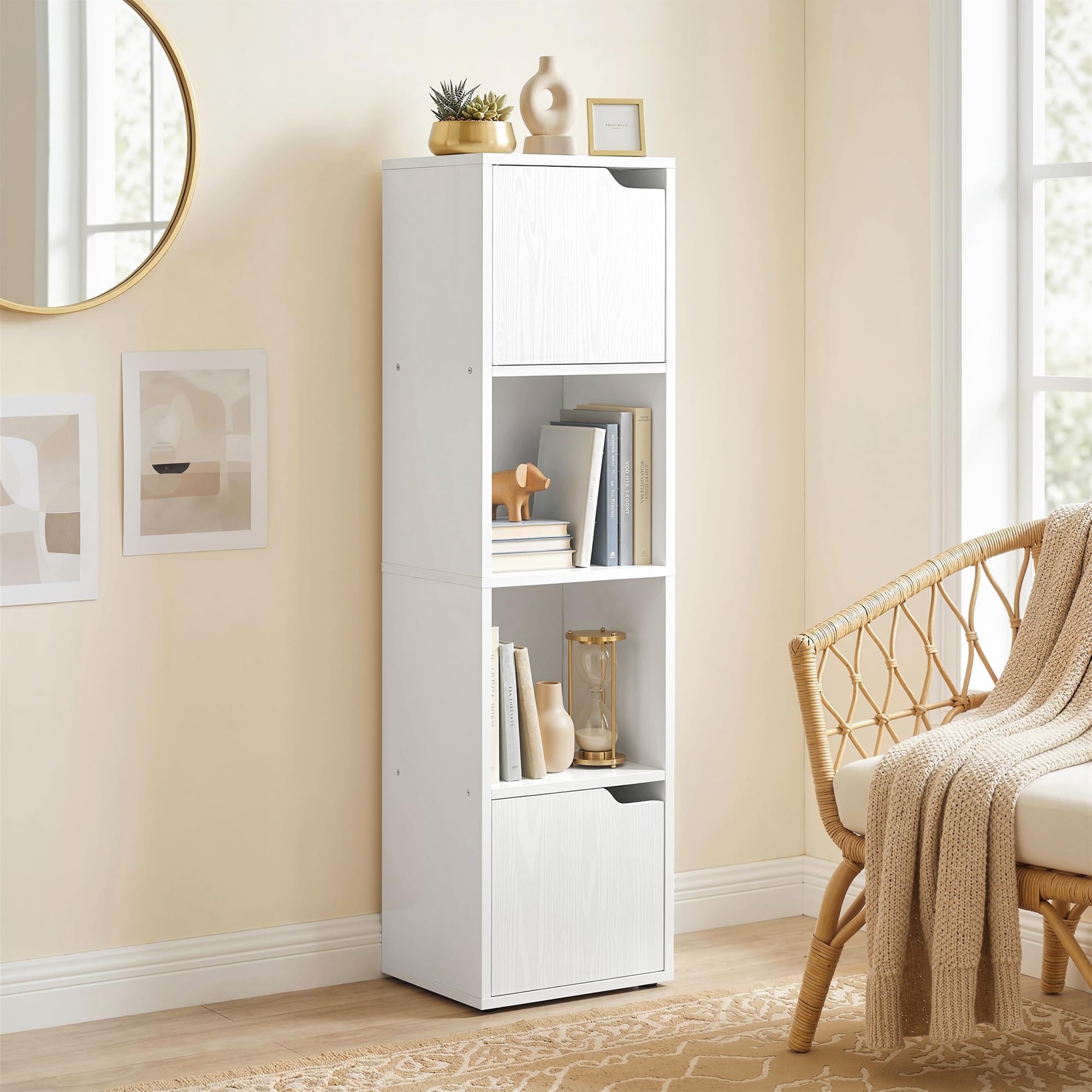 HOMCOM Estantería para Libros con 2 Puertas 4 Niveles 30x29x119 cm Blanco | Estantería Estrecha y Alta, Librería, 2 Estantes Abiertos, Armario Alto, para Salón Estudio Oficina