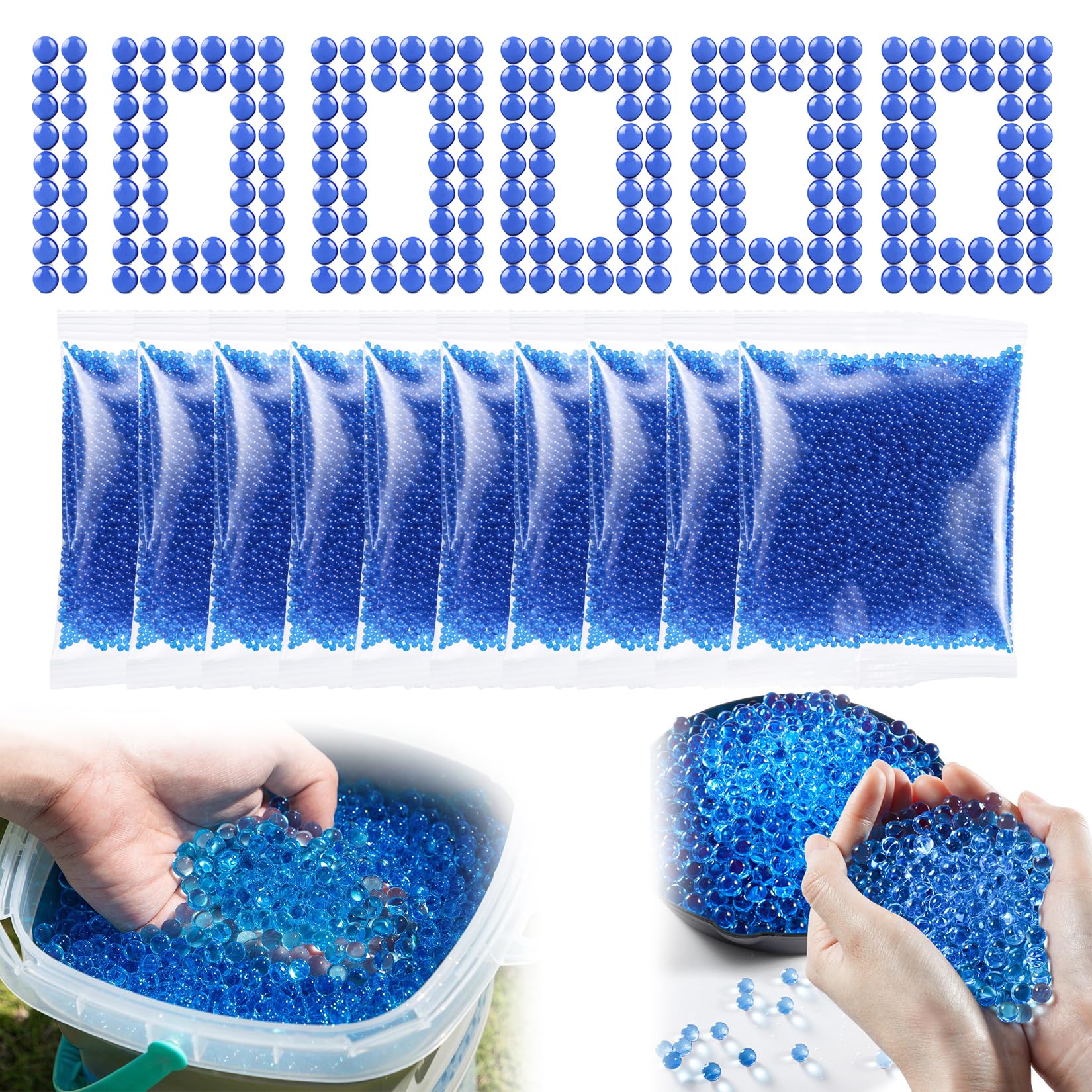 10 Packung/100.000 Stück Gel Balls, Blau Perlen, Blaster Nachfüllungen, Nachfüll Blaukugeln, Wasserperlen für Vasen Blumen Pflanzenfüllung Dekoration(Runde 7-8 mm, 10.000 Stück pro Packung)