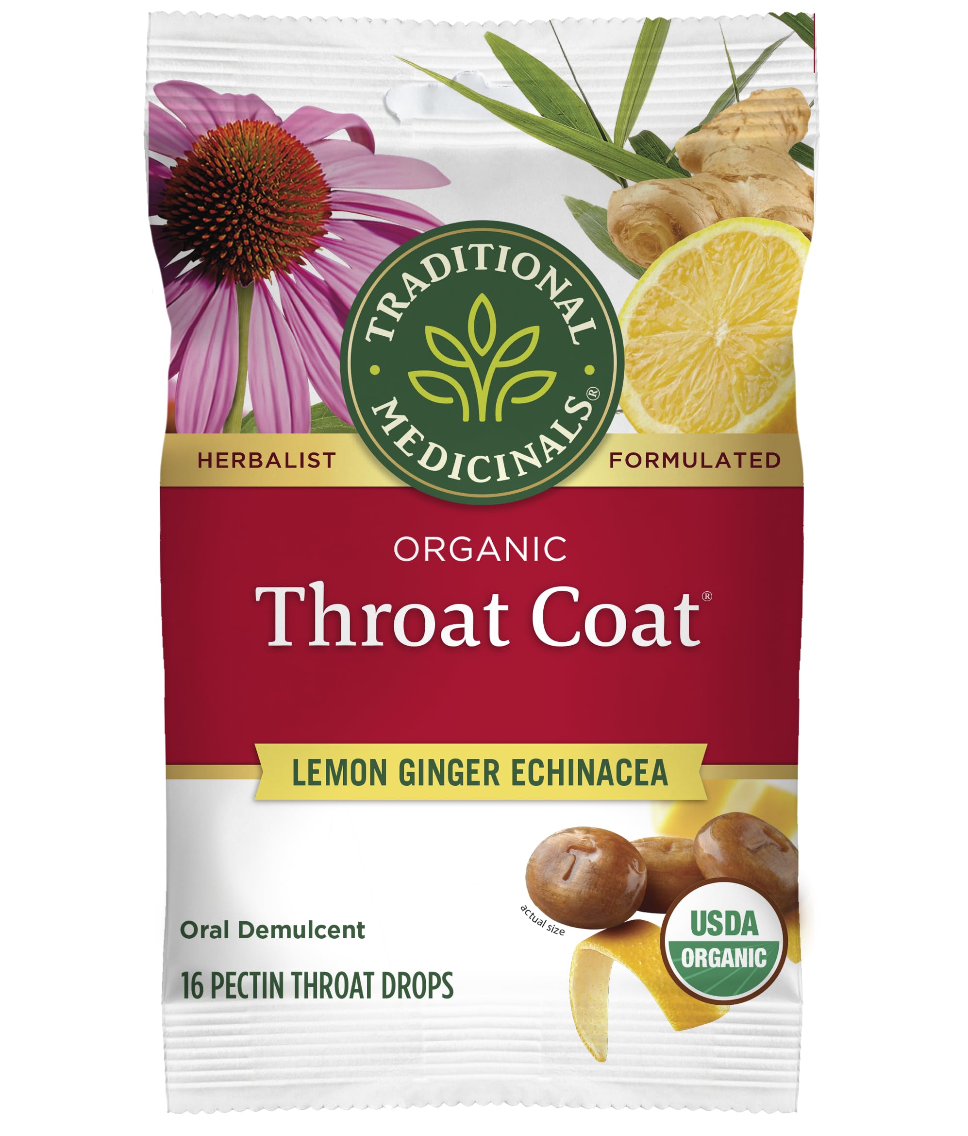 Traditional Medicinals Organic, Throat Coat Lozenges, Lemon Ginger Echinacea - Herbal Cough Drops, Helps Soothe Sore Throat - Non-GMO, Stimulant-Free - 16 Count