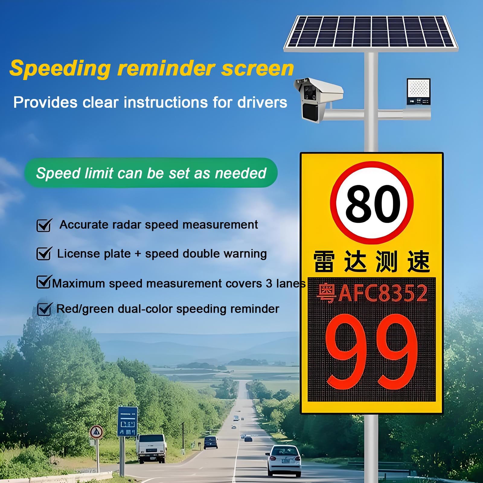 Señal De Radar IP65, Señal LED De Límite De Velocidad con Energía Solar, Límite De Velocidad Configurable, Medición Simultánea 3 Carriles, Recordatorio De Exceso De Velocidad, Carcasa Aluminio