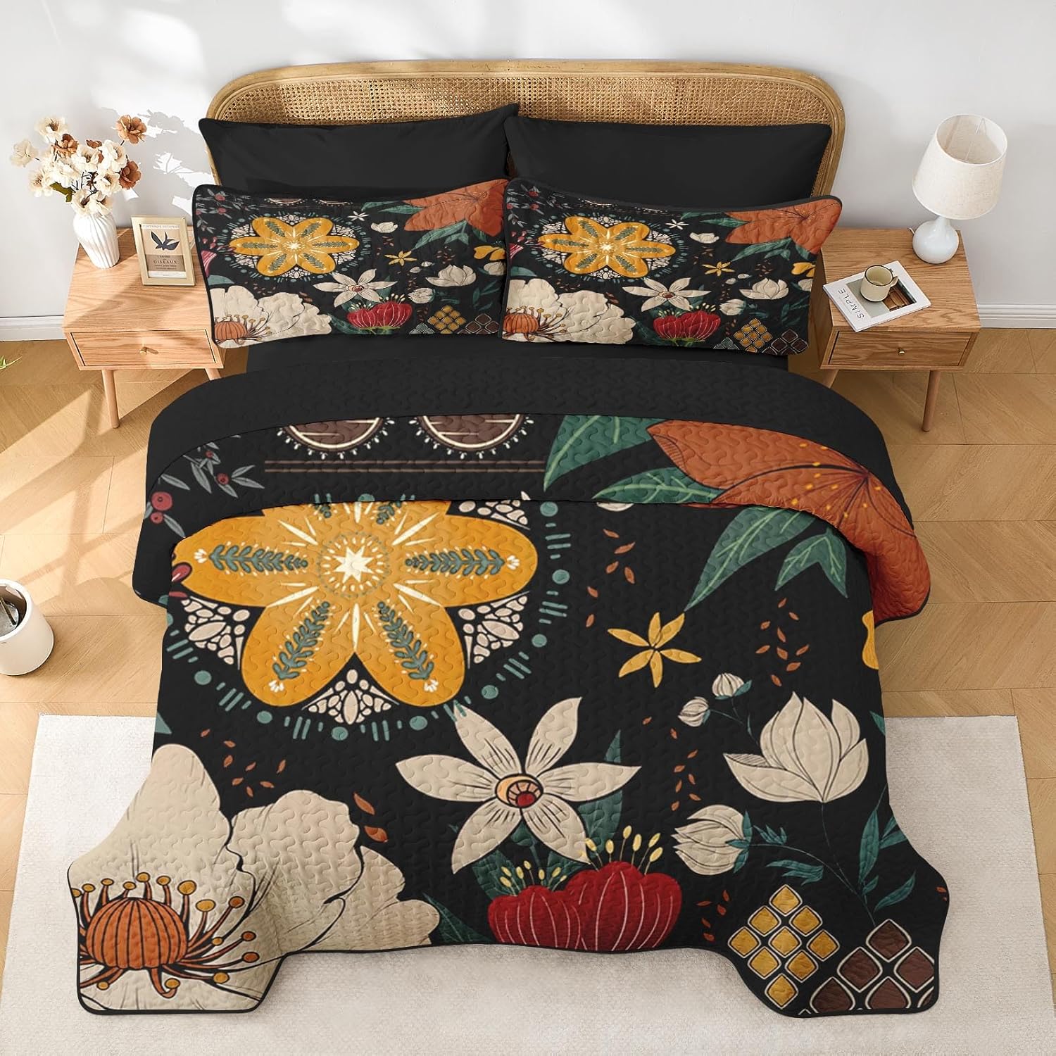 Pamnest Quilt Set Twin Size, Black Tropical Floral 2 Pcs Soft Bed Cover Bedding Set, Farmhouse Botanical Lightweight Bedspread Coverlet with Pillow Sham for All Season