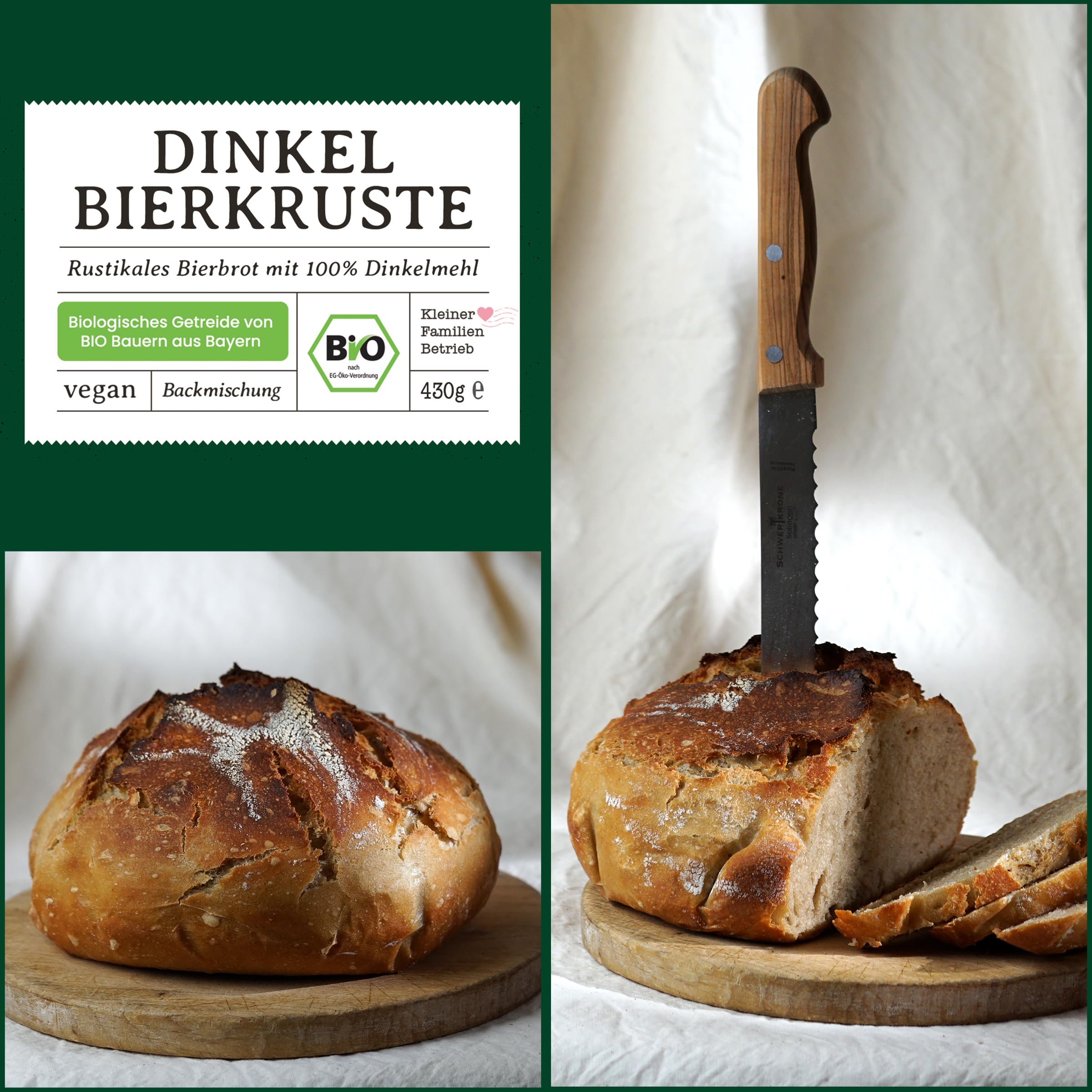 Bio Dinkel Bierbrot Backmischung – 100 % Dinkelmehl aus Bayern & Sauerteig – aromatisches Dinkelbrot mit leichter Biernote – für Brotbackautomat & Ofen – Bake with Love - 10er Pack