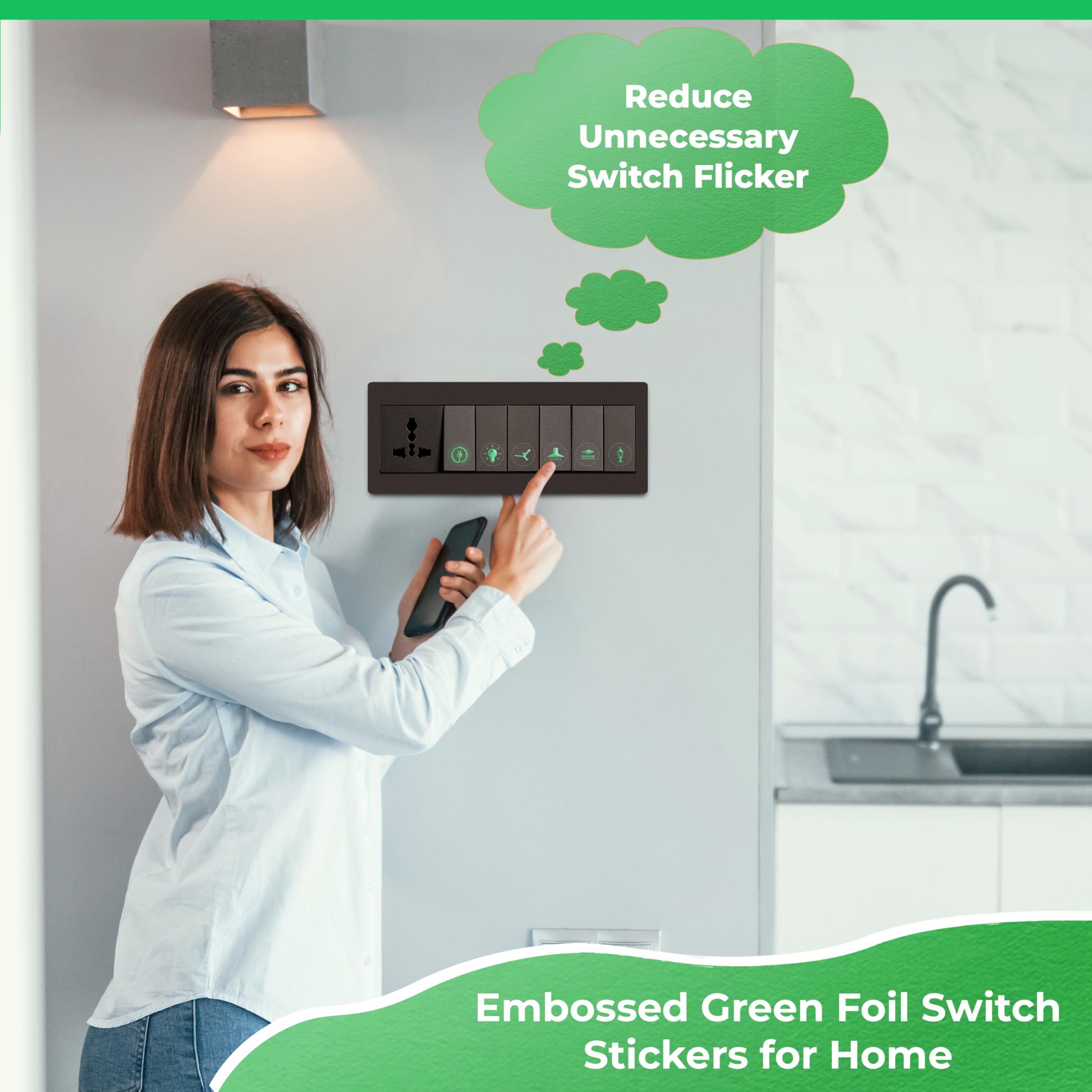 Wonder Hub Premium Green Foil Embossed Switch Stickers for Switch Board | Pack of 330 Stickers for Home Including Fan, Light and Many More 2